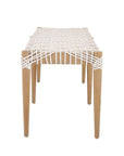 Natural teak and leather bench with a woven seat and solid wooden frame, showcasing artisanal craftsmanship and organic textures