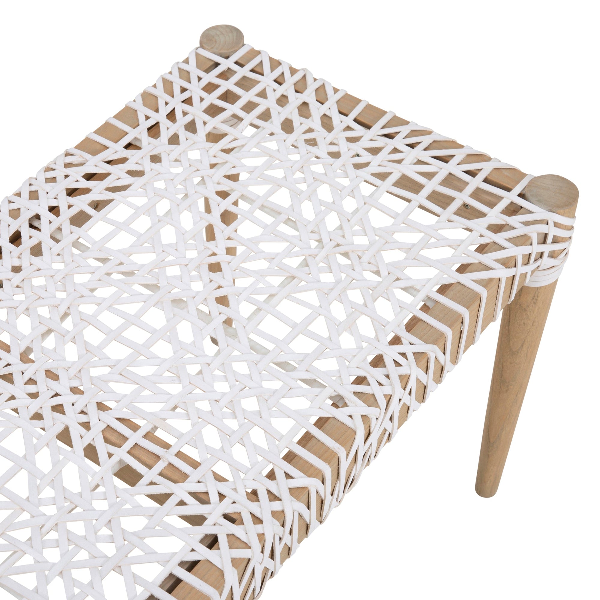 Natural teak and leather bench with a woven seat and solid wooden frame, showcasing artisanal craftsmanship and organic textures