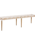 Natural teak and leather bench with a woven seat and solid wooden frame, showcasing artisanal craftsmanship and organic textures