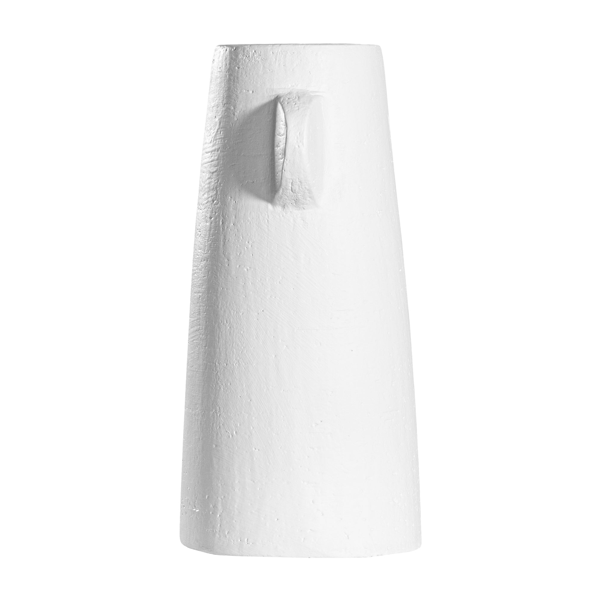 White sculptural vase with unique handles, adding a touch of contemporary elegance to home decor