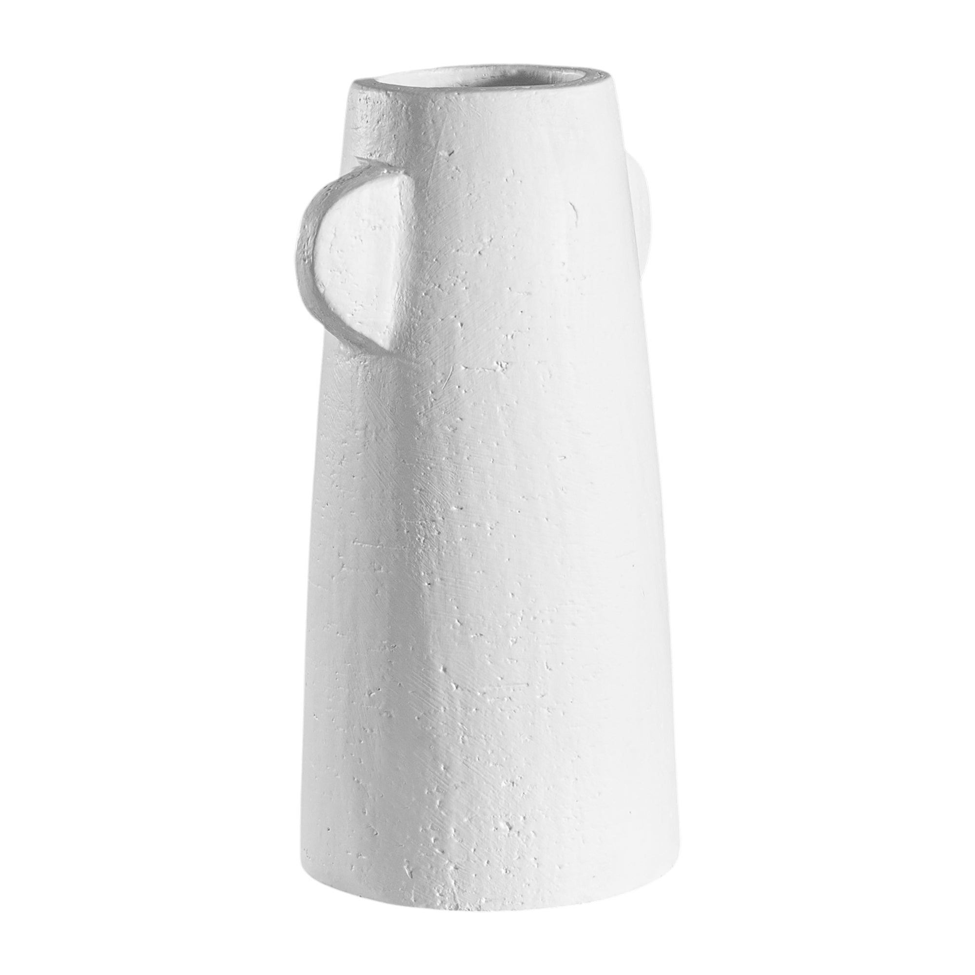 White sculptural vase with unique handles, adding a touch of contemporary elegance to home decor