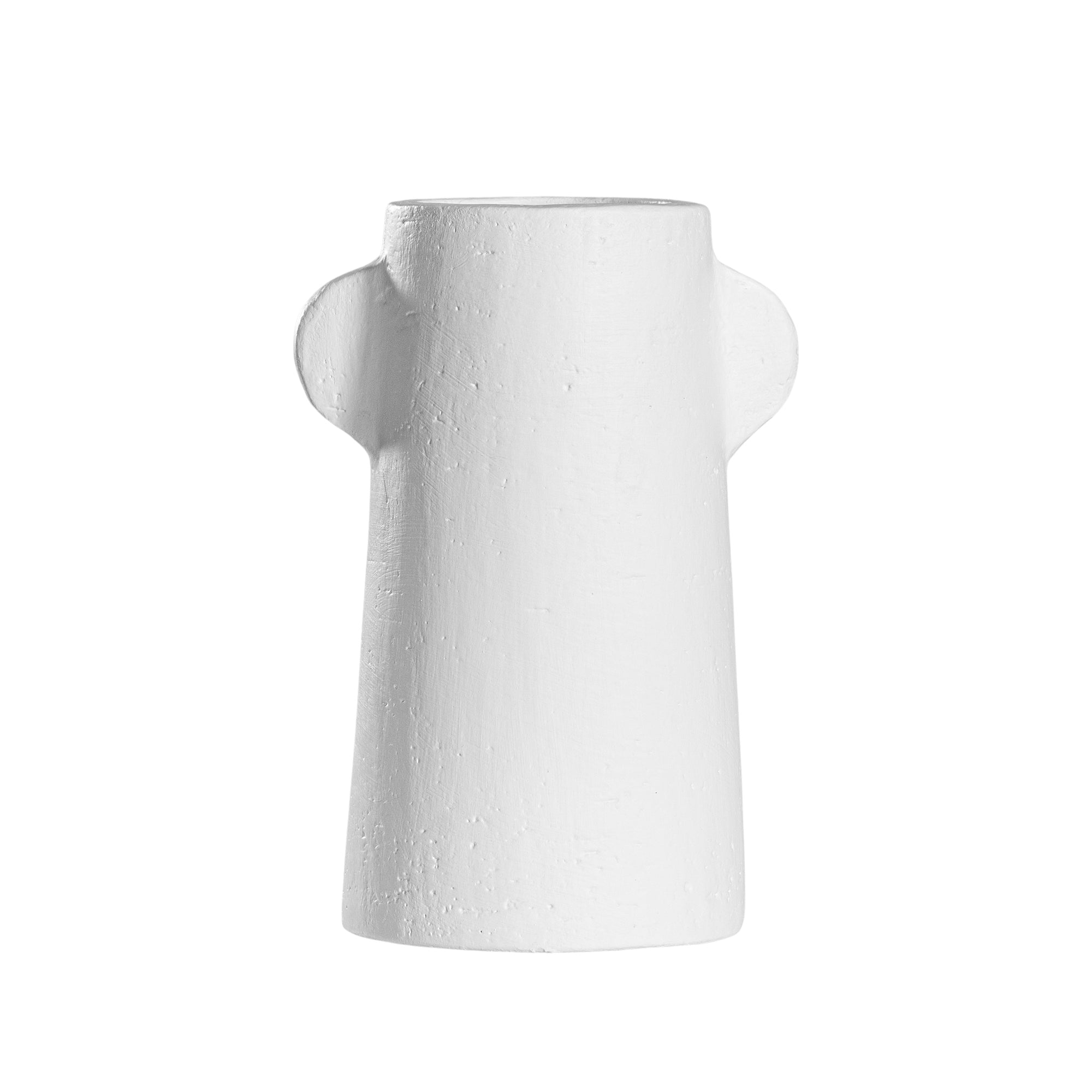 White sculptural vase with unique handles, adding a touch of contemporary elegance to home decor