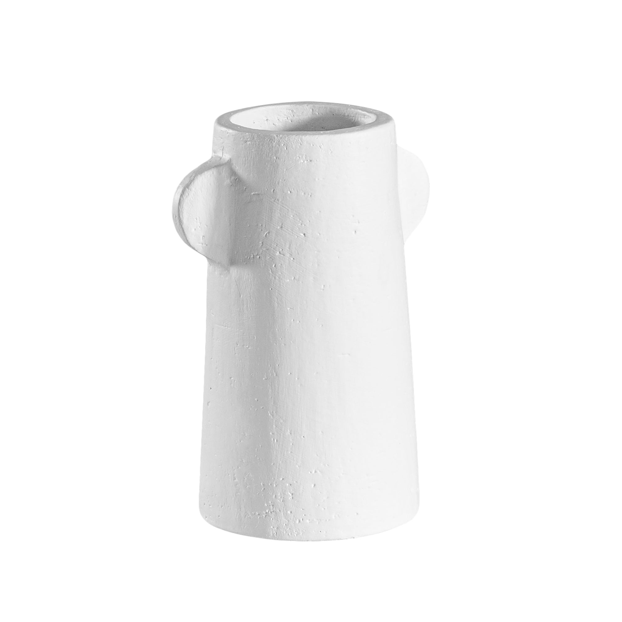 White sculptural vase with unique handles, adding a touch of contemporary elegance to home decor