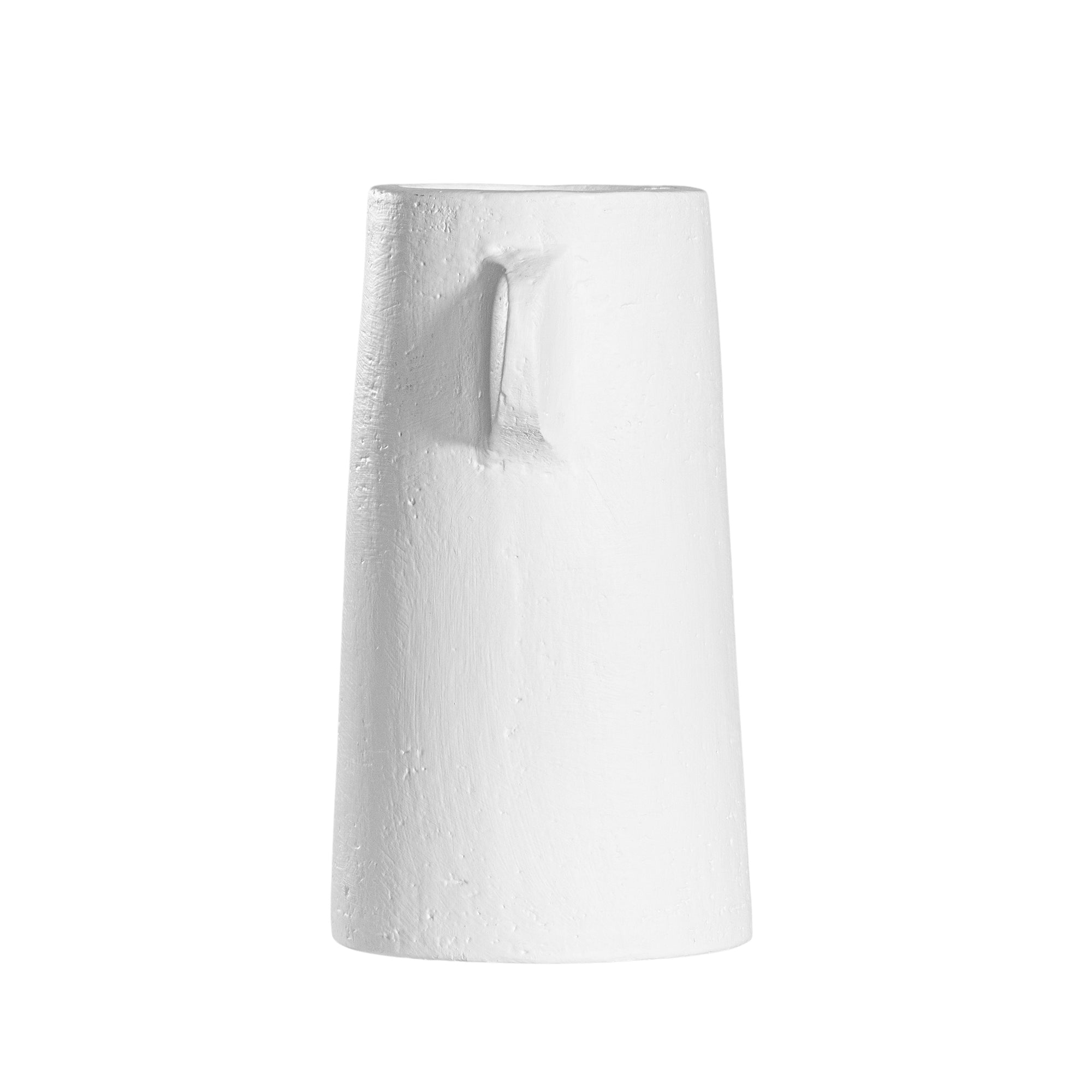 White sculptural vase with unique handles, adding a touch of contemporary elegance to home decor