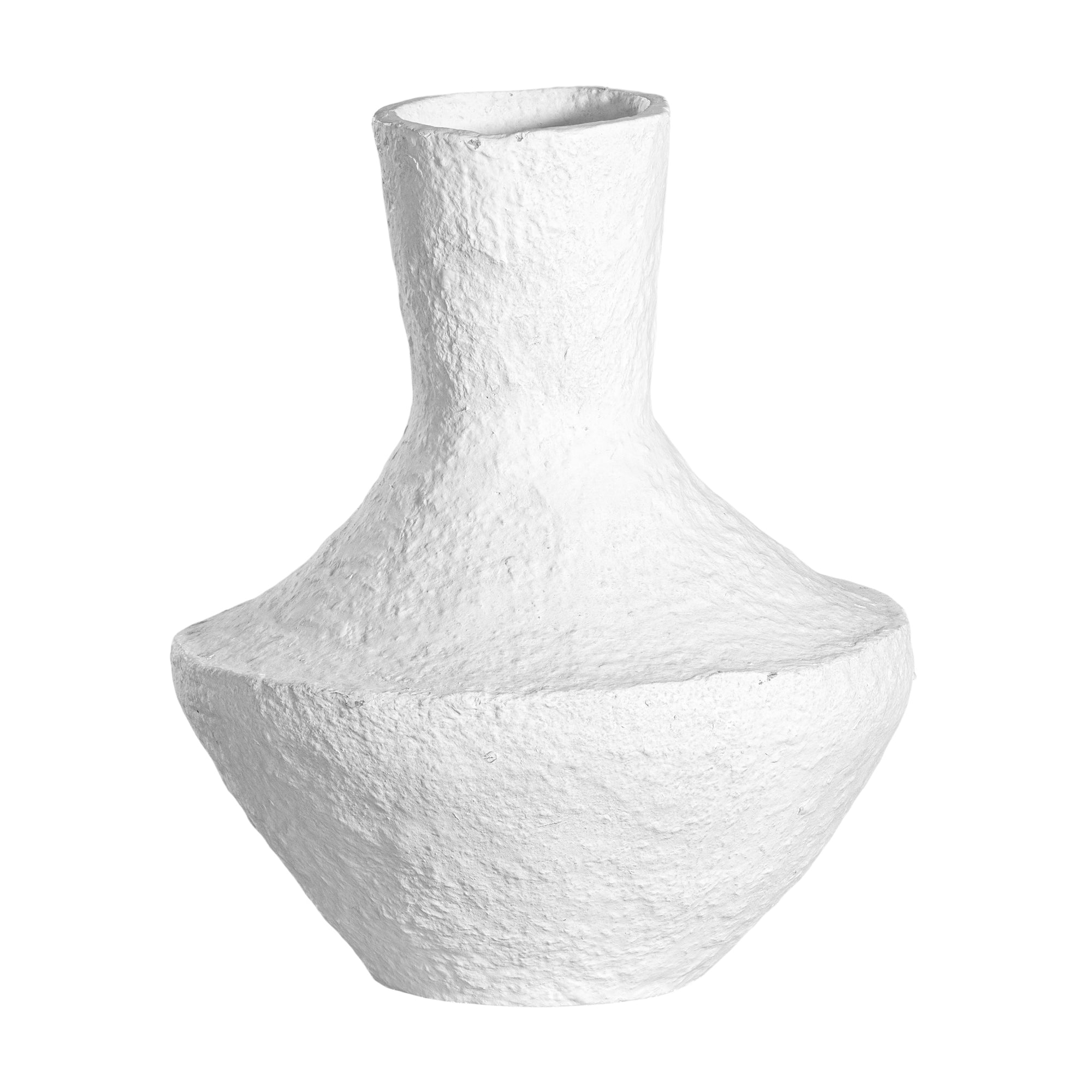A sculptural white decorative vase with a textured finish, adding an organic, artisanal touch to modern interiors