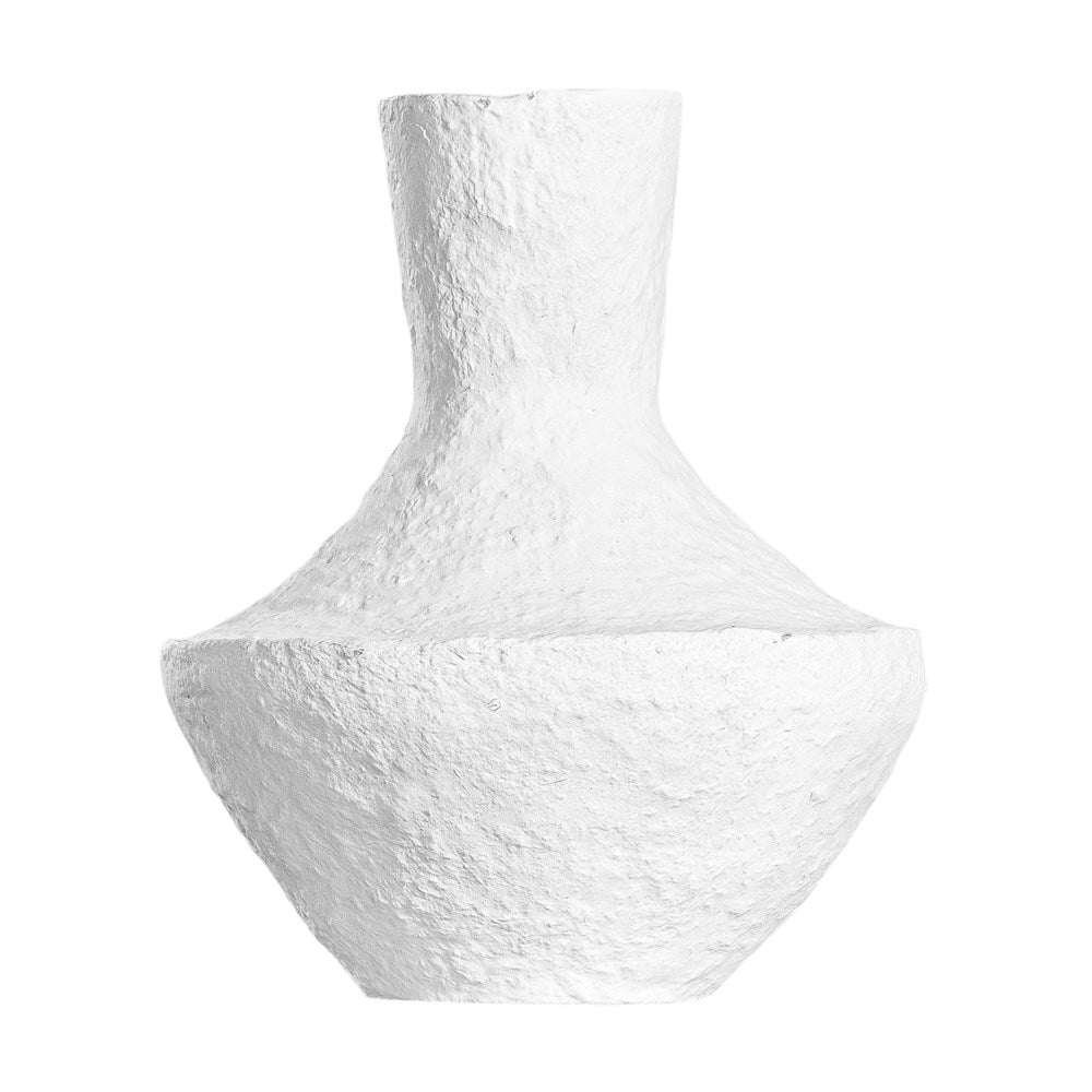 A sculptural white decorative vase with a textured finish, adding an organic, artisanal touch to modern interiors