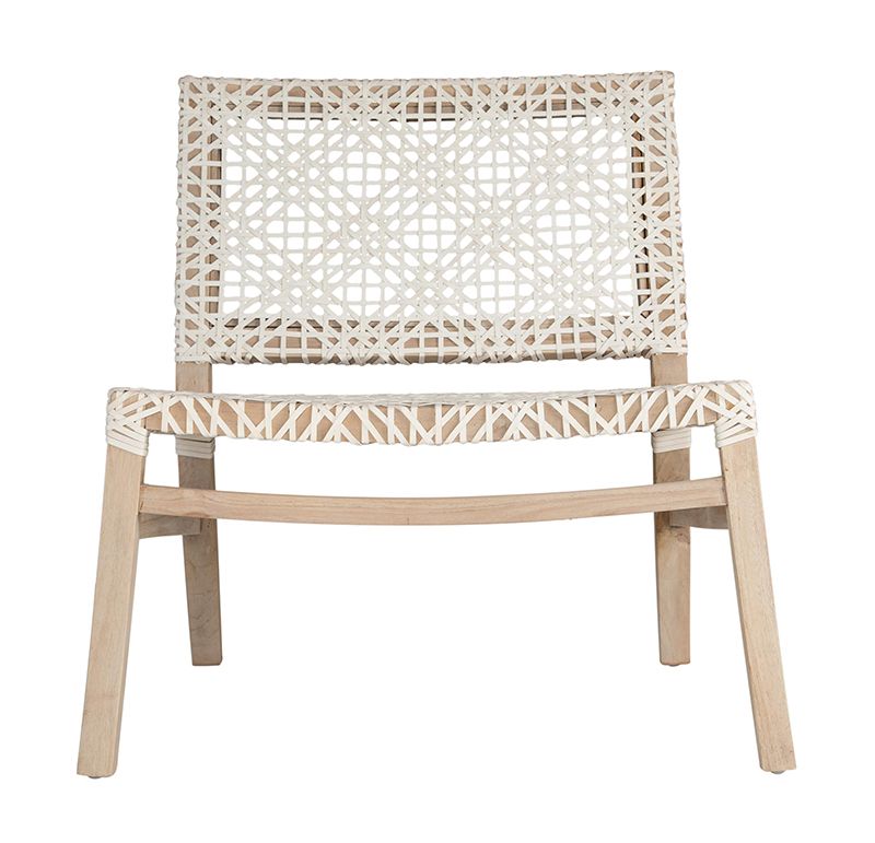 Woven leather armchair with natural wood frame, showcasing intricate handwoven craftsmanship and earthy, relaxed style