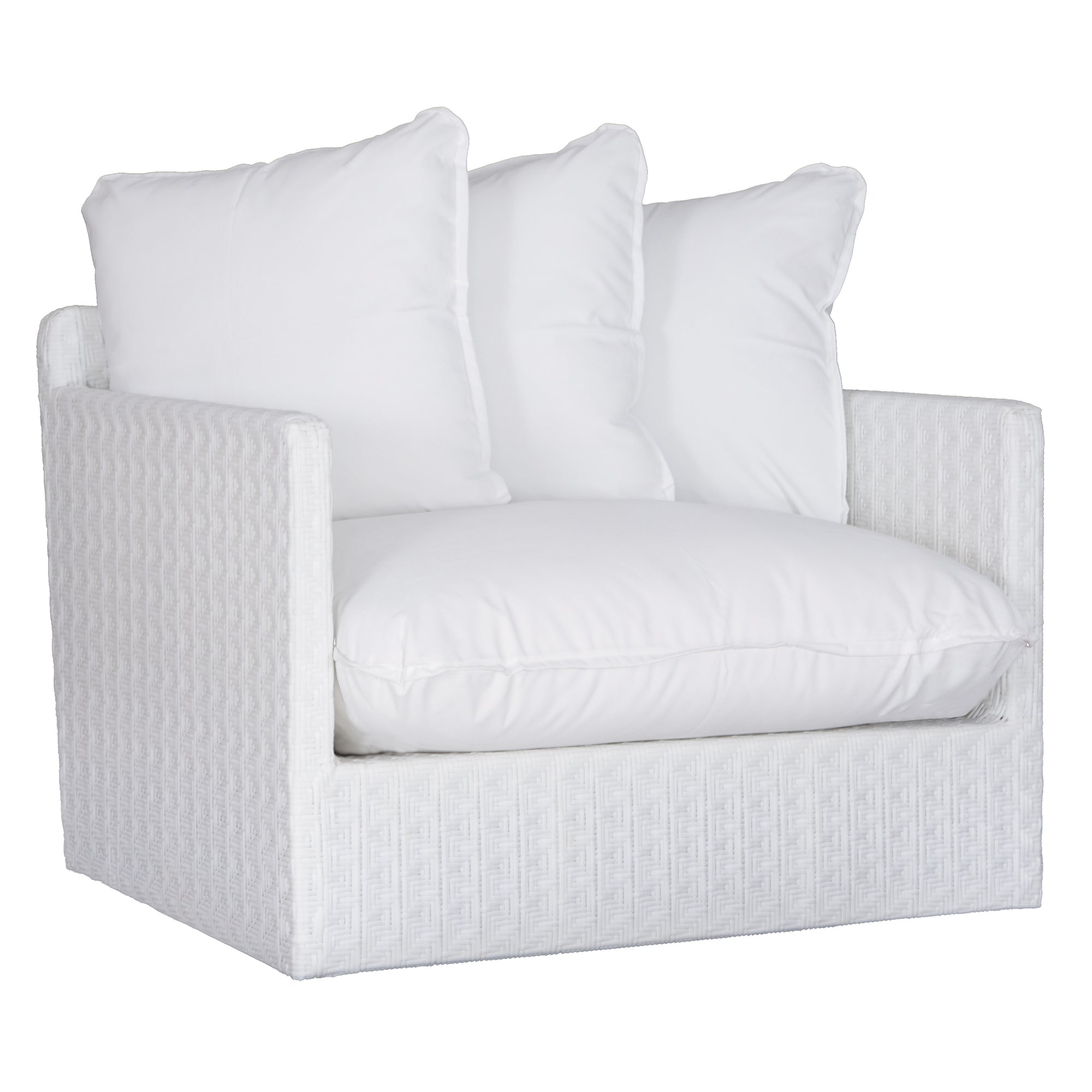 A contemporary white woven sofa with plush, generously filled cushions, offering both comfort and style for a refined coastal or modern living space.