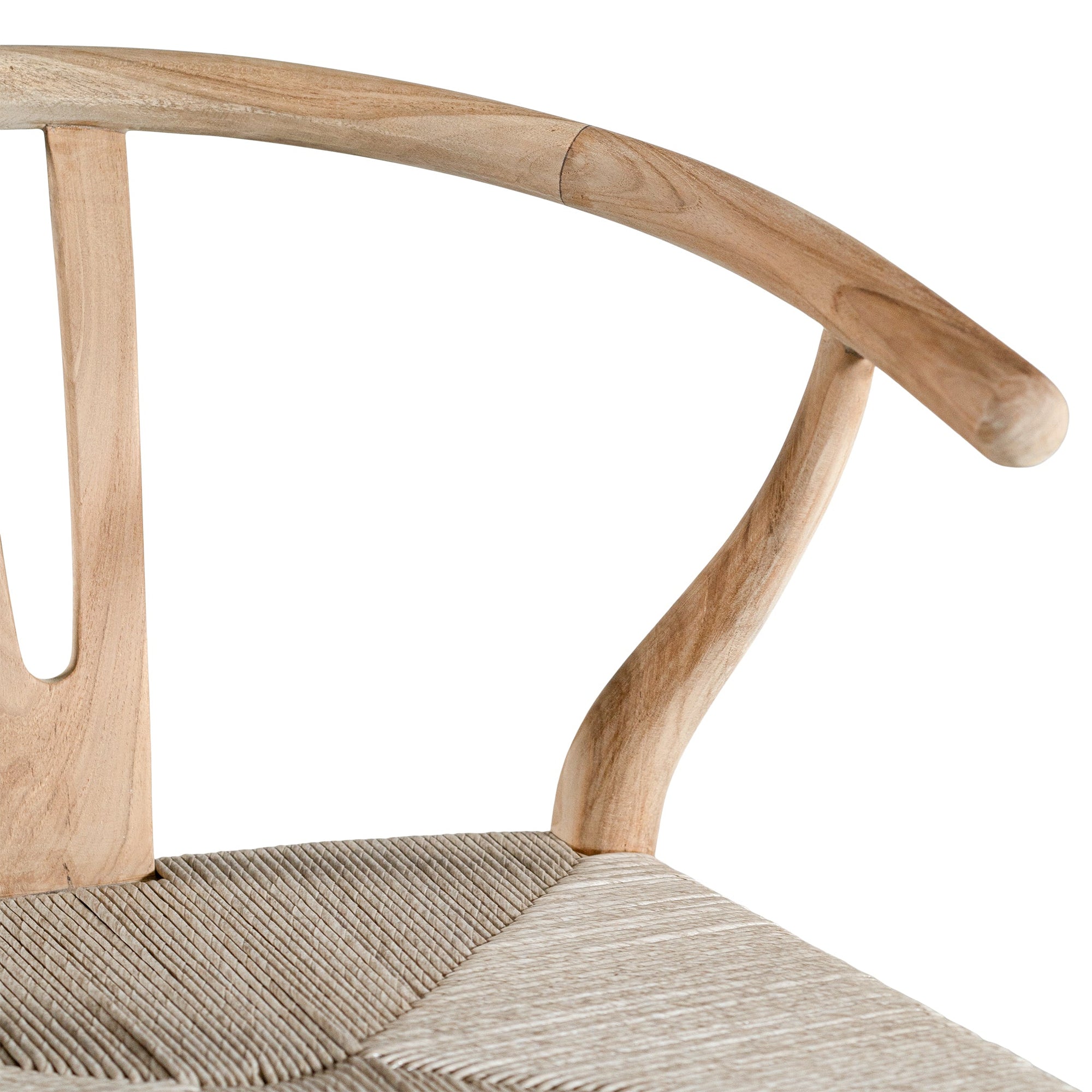 A natural timber wishbone dining chair with a handwoven rope seat, featuring an iconic curved backrest and minimalist Scandinavian-inspired design. Perfect for modern coastal and contemporary interiors, offering both style and comfort