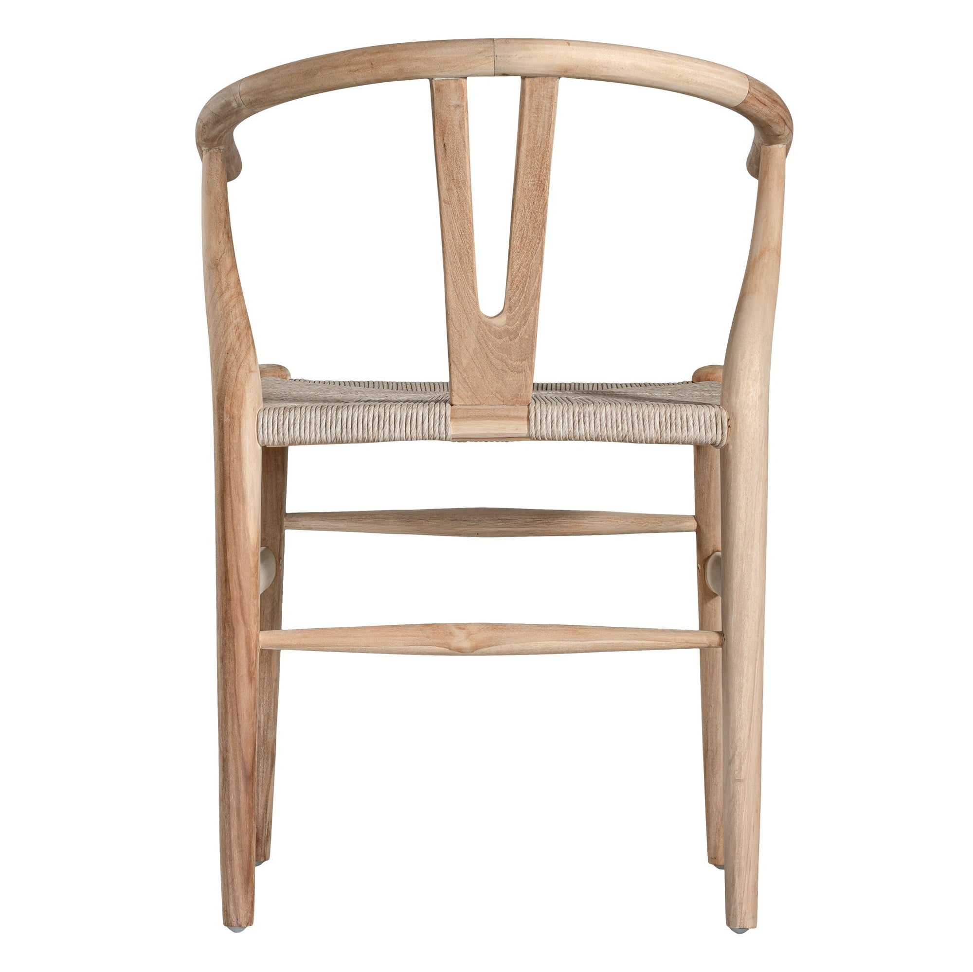 A natural timber wishbone dining chair with a handwoven rope seat, featuring an iconic curved backrest and minimalist Scandinavian-inspired design. Perfect for modern coastal and contemporary interiors, offering both style and comfort