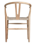 A natural timber wishbone dining chair with a handwoven rope seat, featuring an iconic curved backrest and minimalist Scandinavian-inspired design. Perfect for modern coastal and contemporary interiors, offering both style and comfort