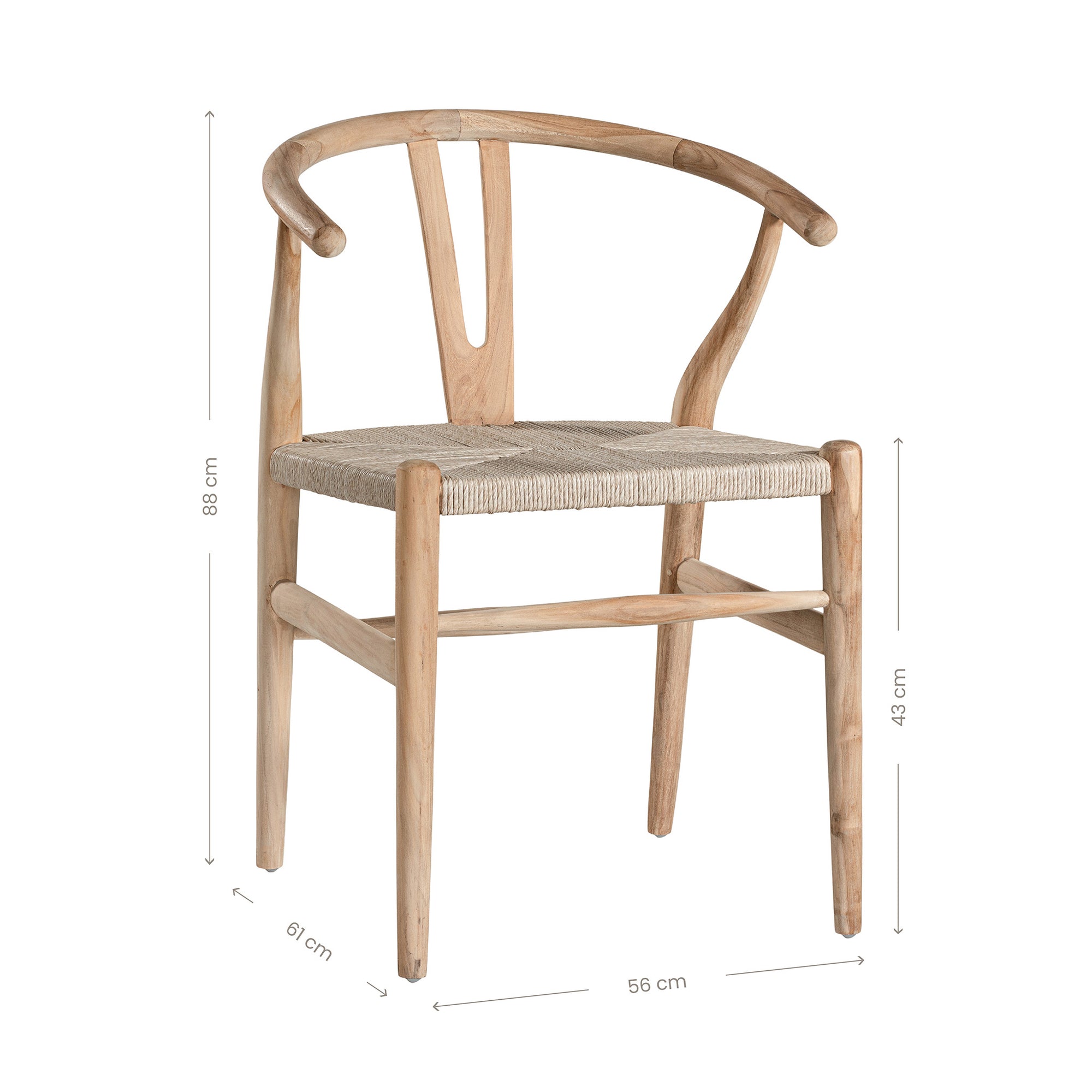 A natural timber wishbone dining chair with a handwoven rope seat, featuring an iconic curved backrest and minimalist Scandinavian-inspired design. Perfect for modern coastal and contemporary interiors, offering both style and comfort
