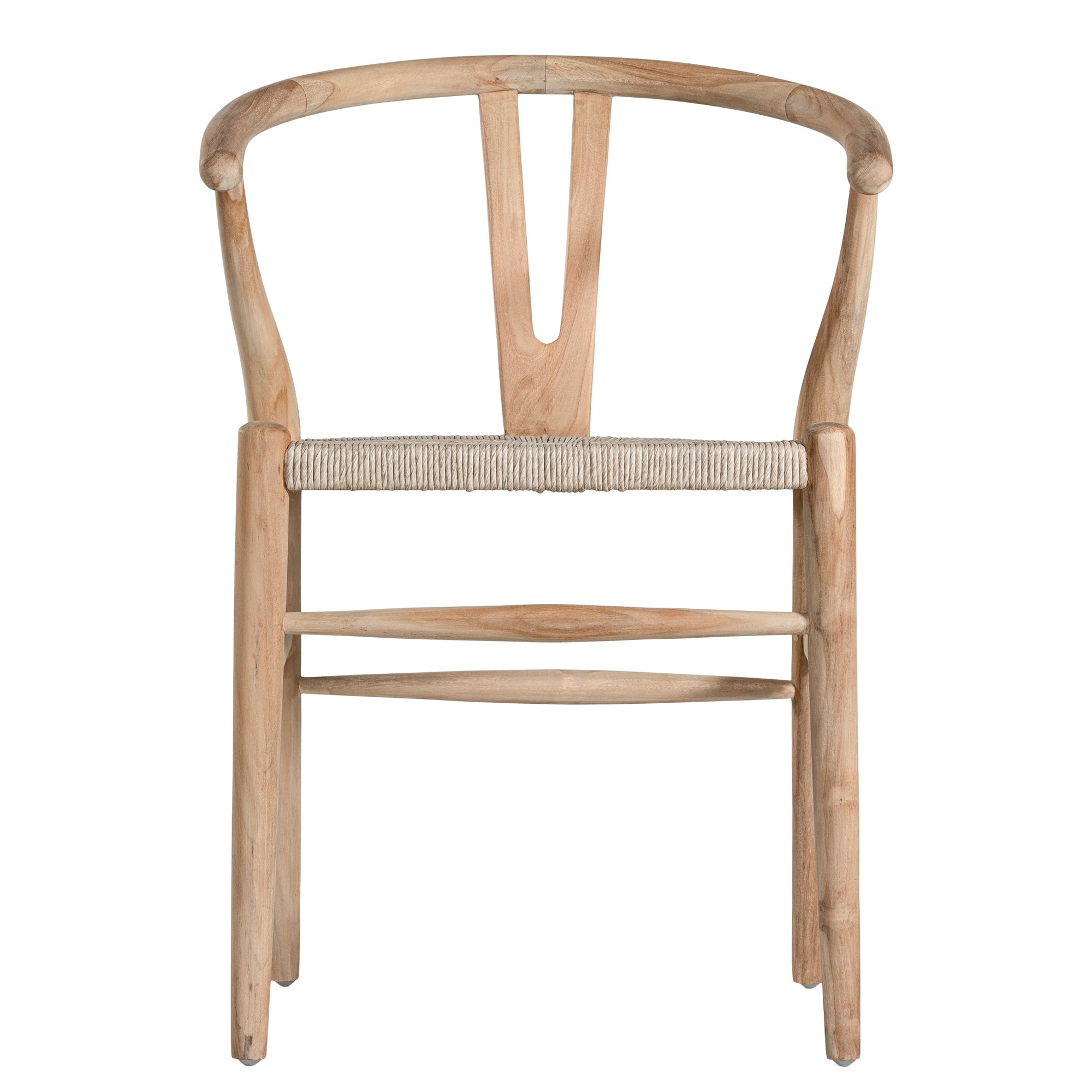 A natural timber wishbone dining chair with a handwoven rope seat, featuring an iconic curved backrest and minimalist Scandinavian-inspired design. Perfect for modern coastal and contemporary interiors, offering both style and comfort