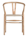 A natural timber wishbone dining chair with a handwoven rope seat, featuring an iconic curved backrest and minimalist Scandinavian-inspired design. Perfect for modern coastal and contemporary interiors, offering both style and comfort