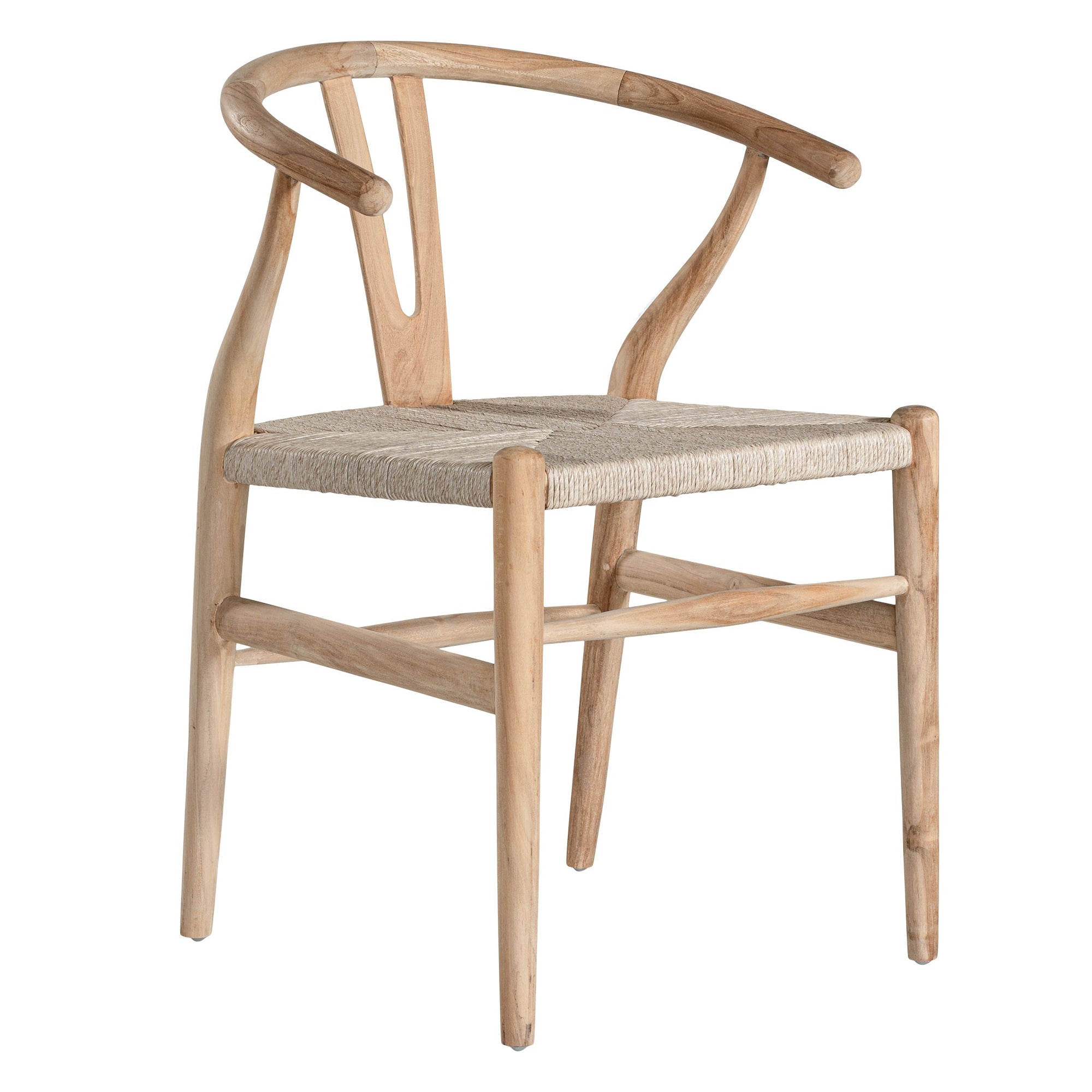 A natural timber wishbone dining chair with a handwoven rope seat, featuring an iconic curved backrest and minimalist Scandinavian-inspired design. Perfect for modern coastal and contemporary interiors, offering both style and comfort
