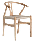 A natural timber wishbone dining chair with a handwoven rope seat, featuring an iconic curved backrest and minimalist Scandinavian-inspired design. Perfect for modern coastal and contemporary interiors, offering both style and comfort