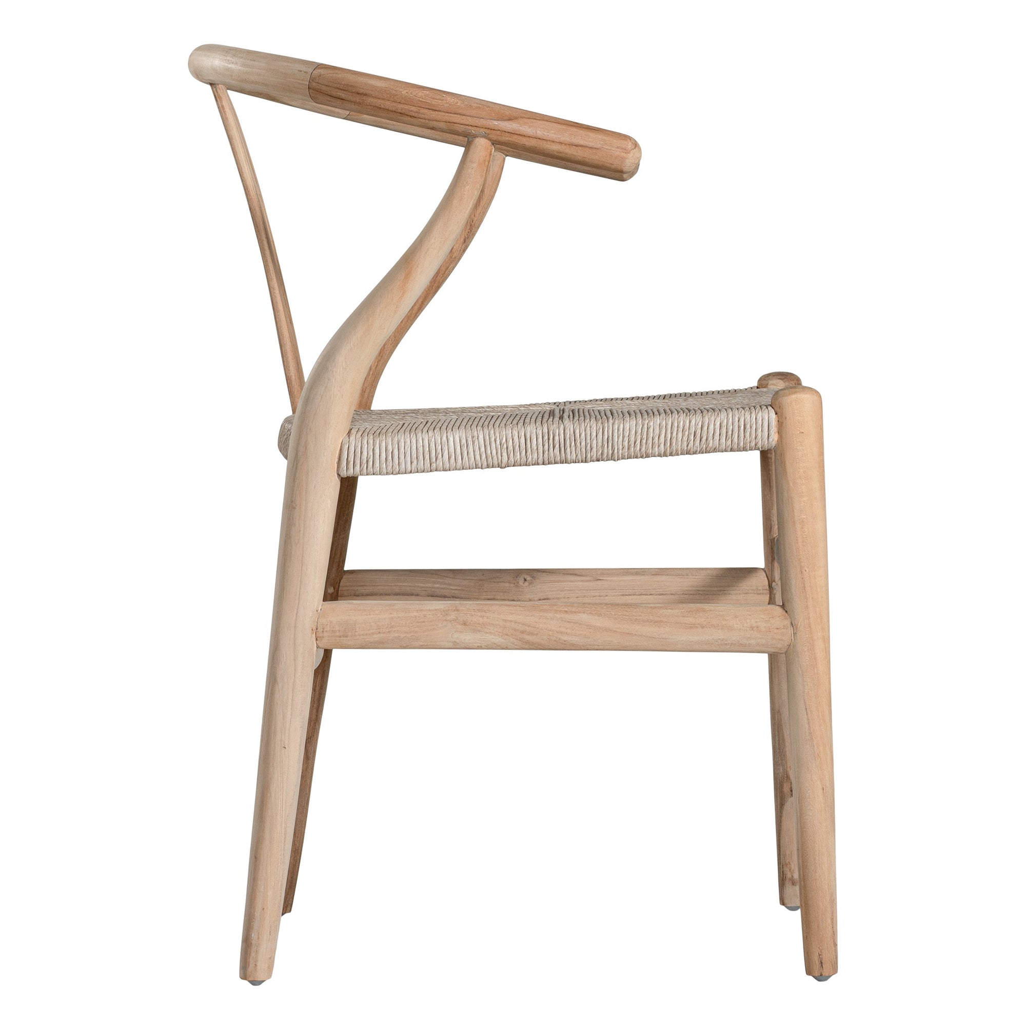 A natural timber wishbone dining chair with a handwoven rope seat, featuring an iconic curved backrest and minimalist Scandinavian-inspired design. Perfect for modern coastal and contemporary interiors, offering both style and comfort