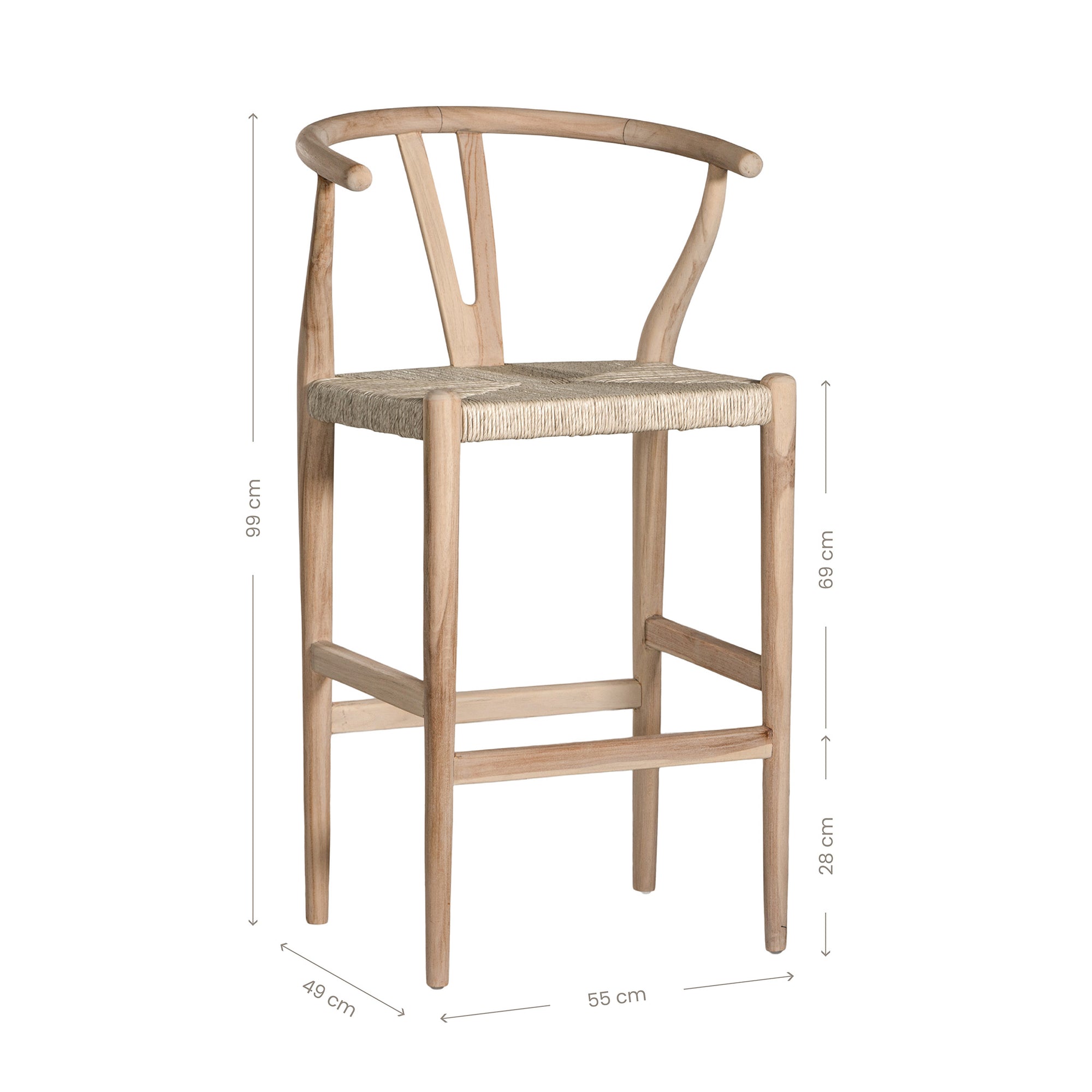 A natural timber wishbone bar stool with a handwoven rope seat, featuring a curved backrest and minimalist Scandinavian-inspired design. Crafted for both comfort and style, this versatile piece is perfect for modern coastal and contemporary interiors