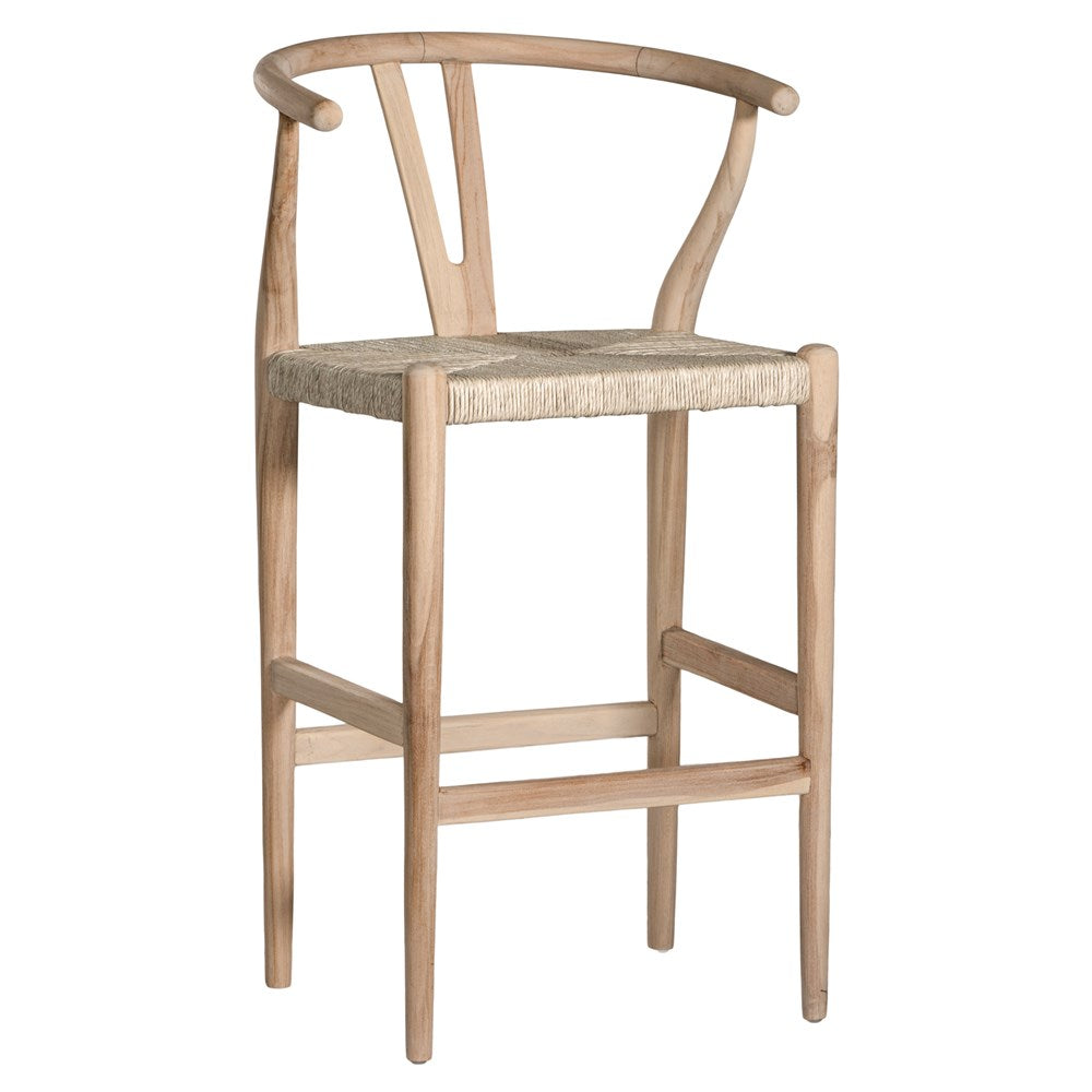 A natural timber wishbone bar stool with a handwoven rope seat, featuring a curved backrest and minimalist Scandinavian-inspired design. Crafted for both comfort and style, this versatile piece is perfect for modern coastal and contemporary interiors