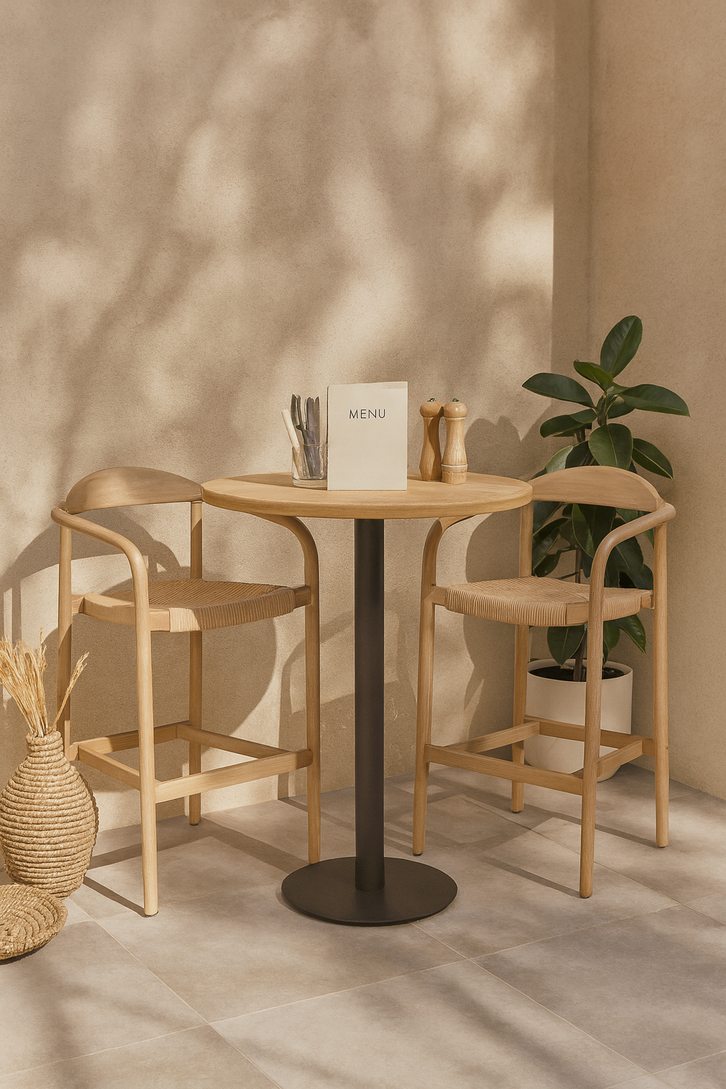 Natural teak wishbone-style bar chairs in a sunlit café-inspired setting with a round timber table and neutral-toned accessories