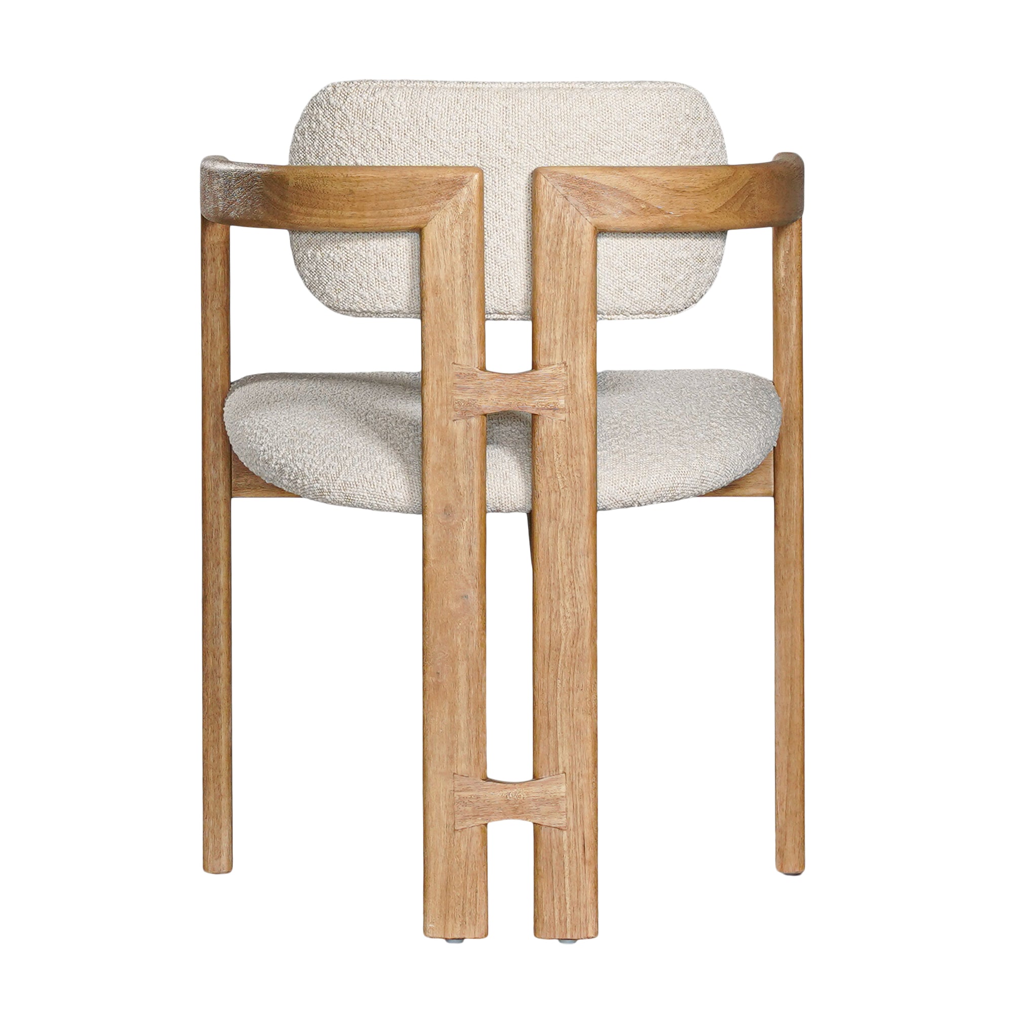 Contemporary wooden arm chair with a natural oak frame and boucle upholstered seat and backrest, designed for modern comfort and style