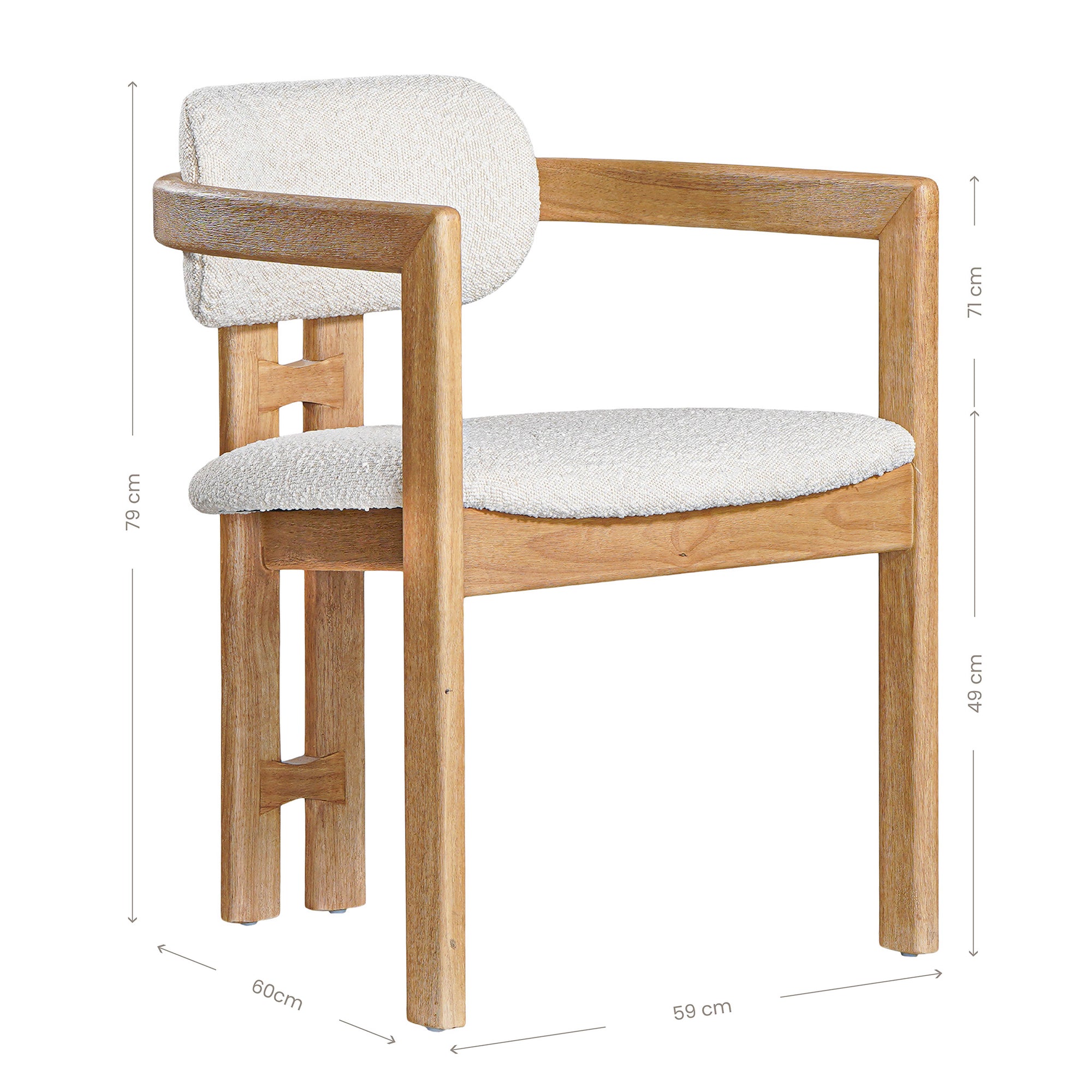 Contemporary wooden arm chair with a natural oak frame and boucle upholstered seat and backrest, designed for modern comfort and style
