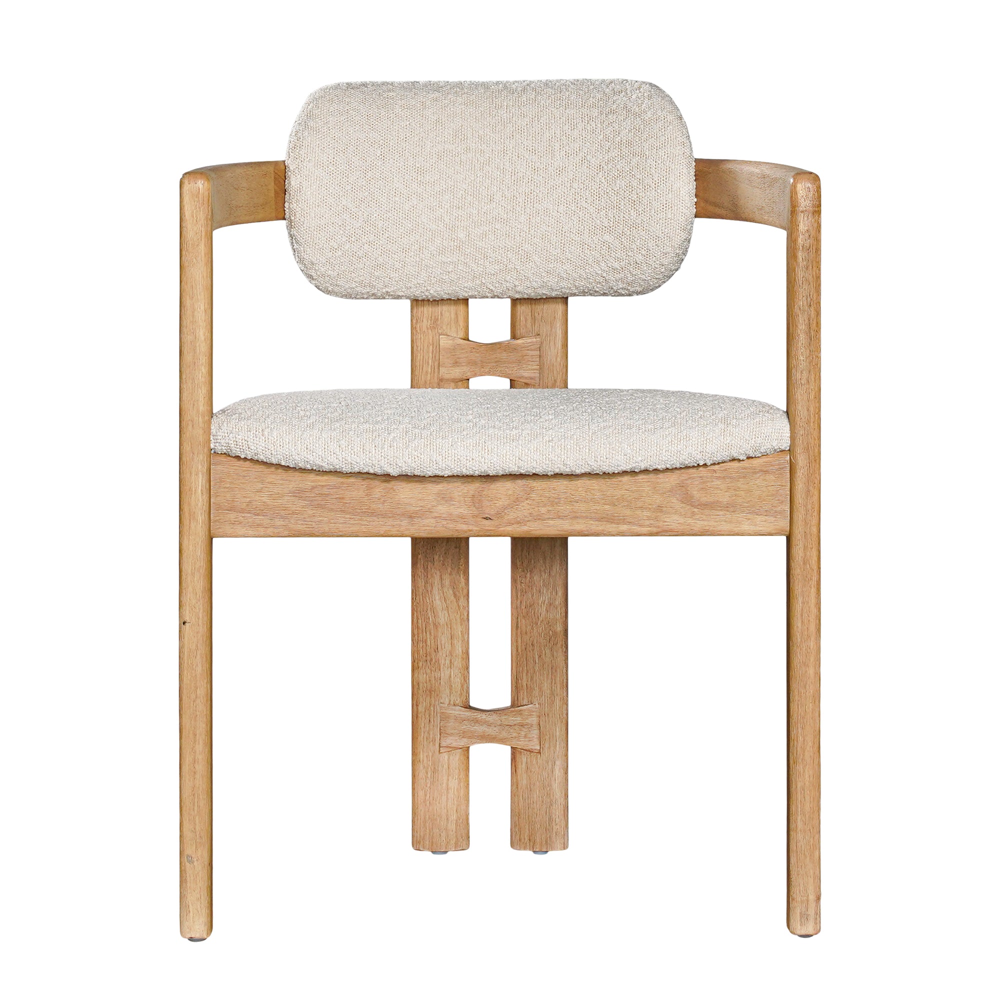 Contemporary wooden arm chair with a natural oak frame and boucle upholstered seat and backrest, designed for modern comfort and style