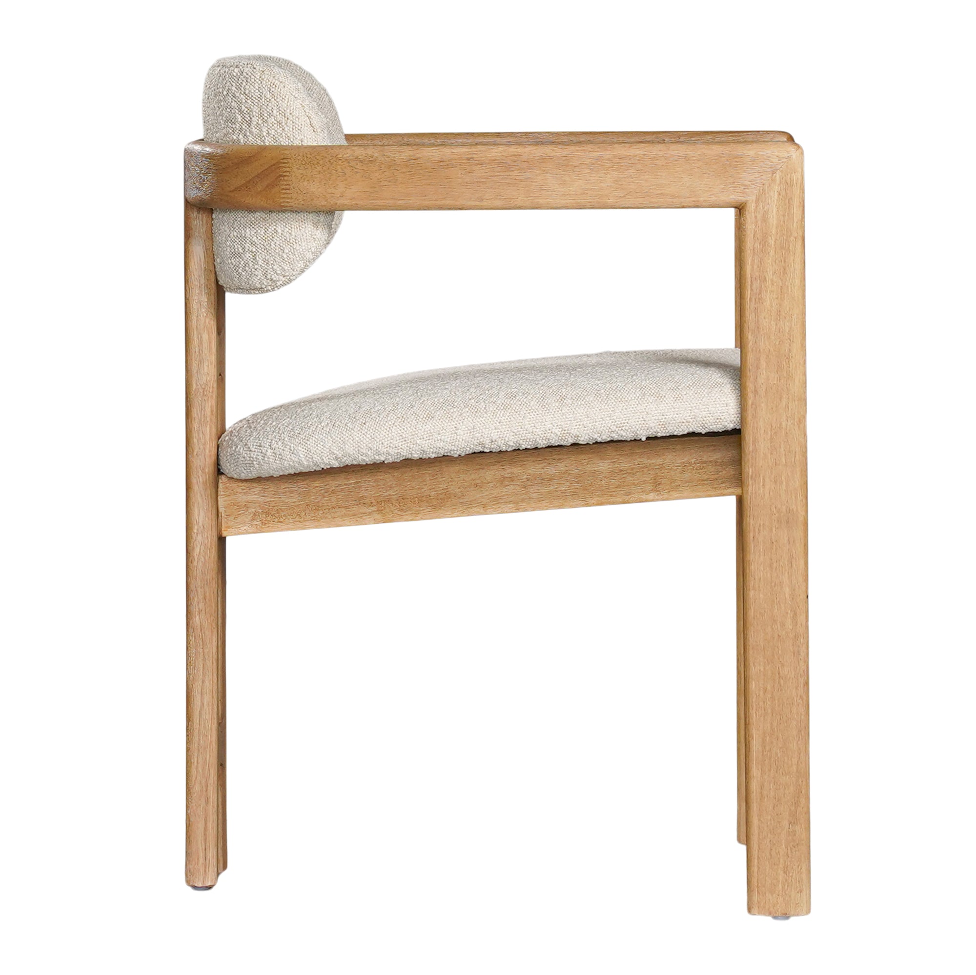Contemporary wooden arm chair with a natural oak frame and boucle upholstered seat and backrest, designed for modern comfort and style
