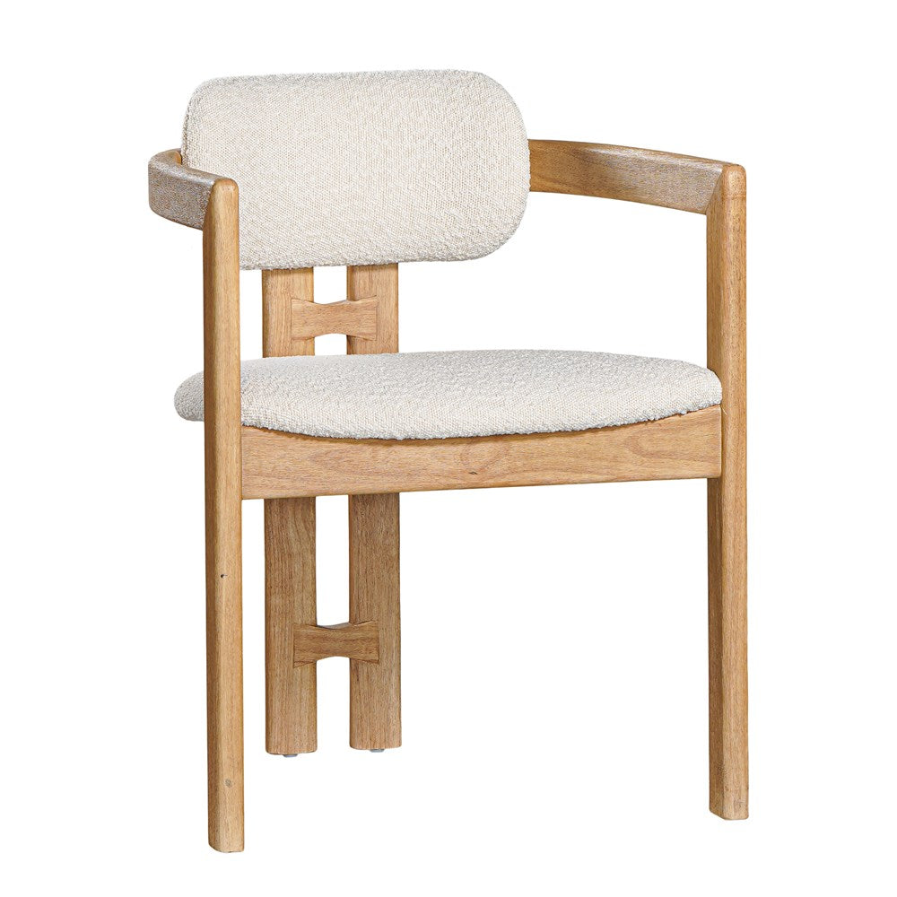 Contemporary wooden arm chair with a natural oak frame and boucle upholstered seat and backrest, designed for modern comfort and style