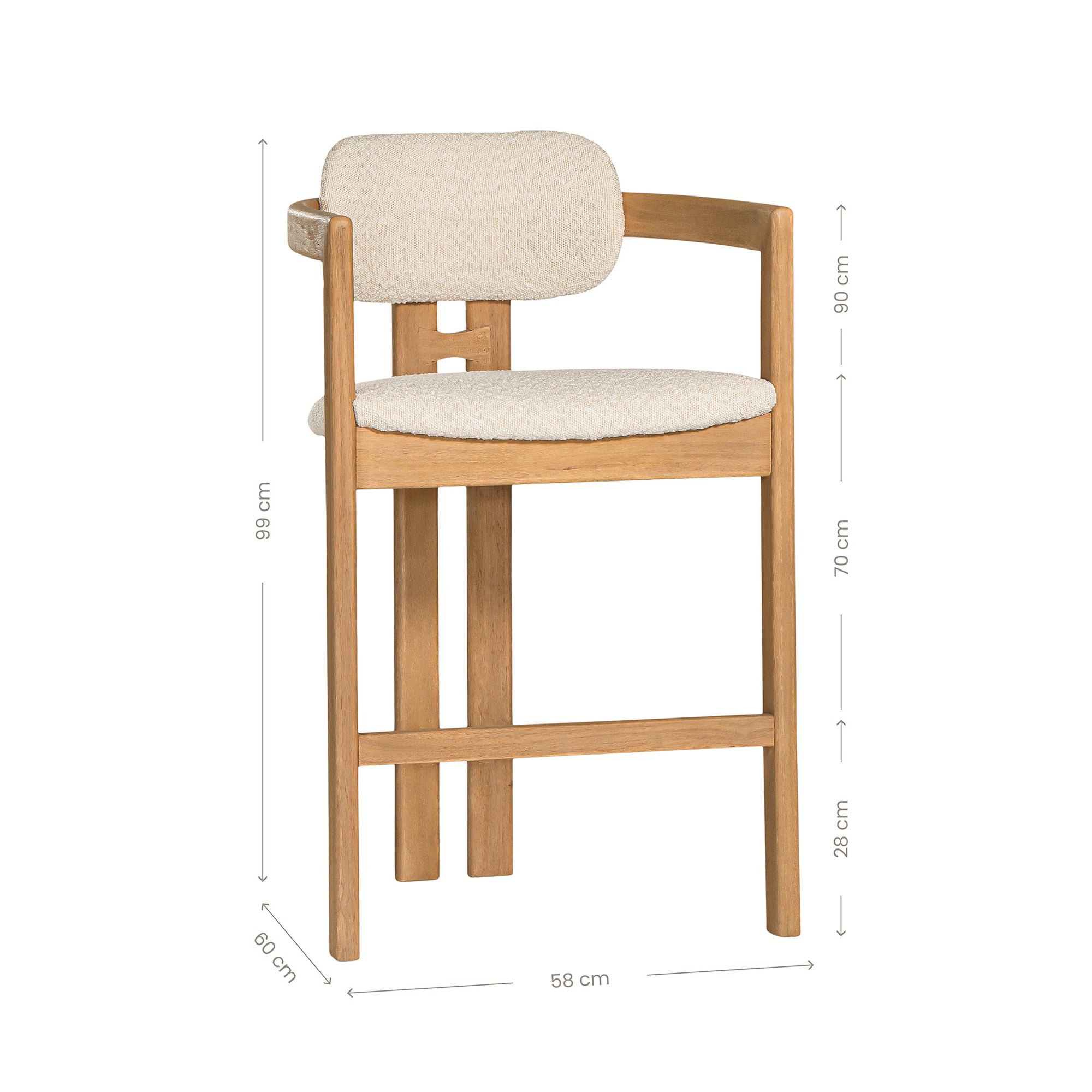 Contemporary wooden bar chair with a natural oak frame and boucle upholstered seat and backrest, designed for modern comfort and style.