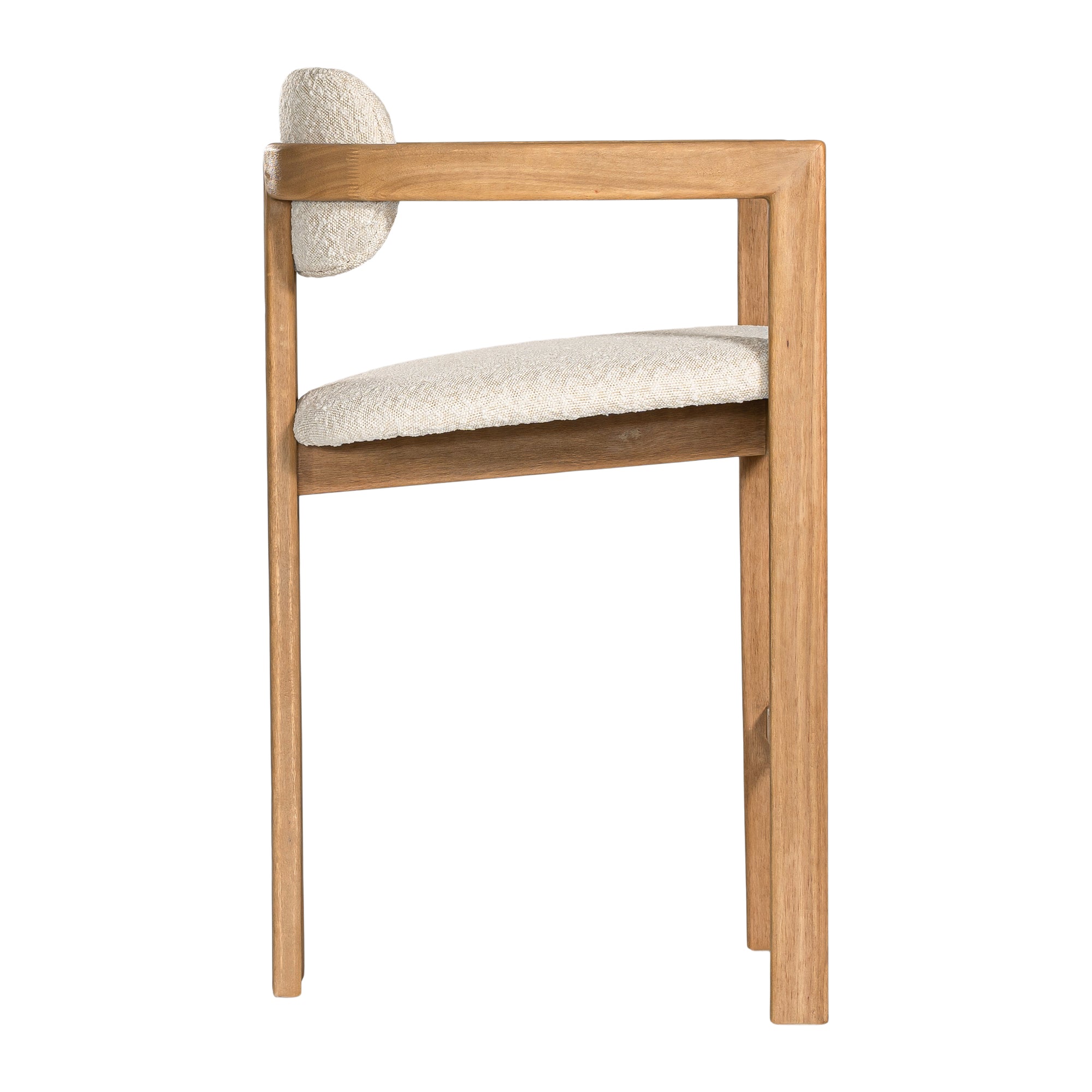 Contemporary wooden bar chair with a natural oak frame and boucle upholstered seat and backrest, designed for modern comfort and style.