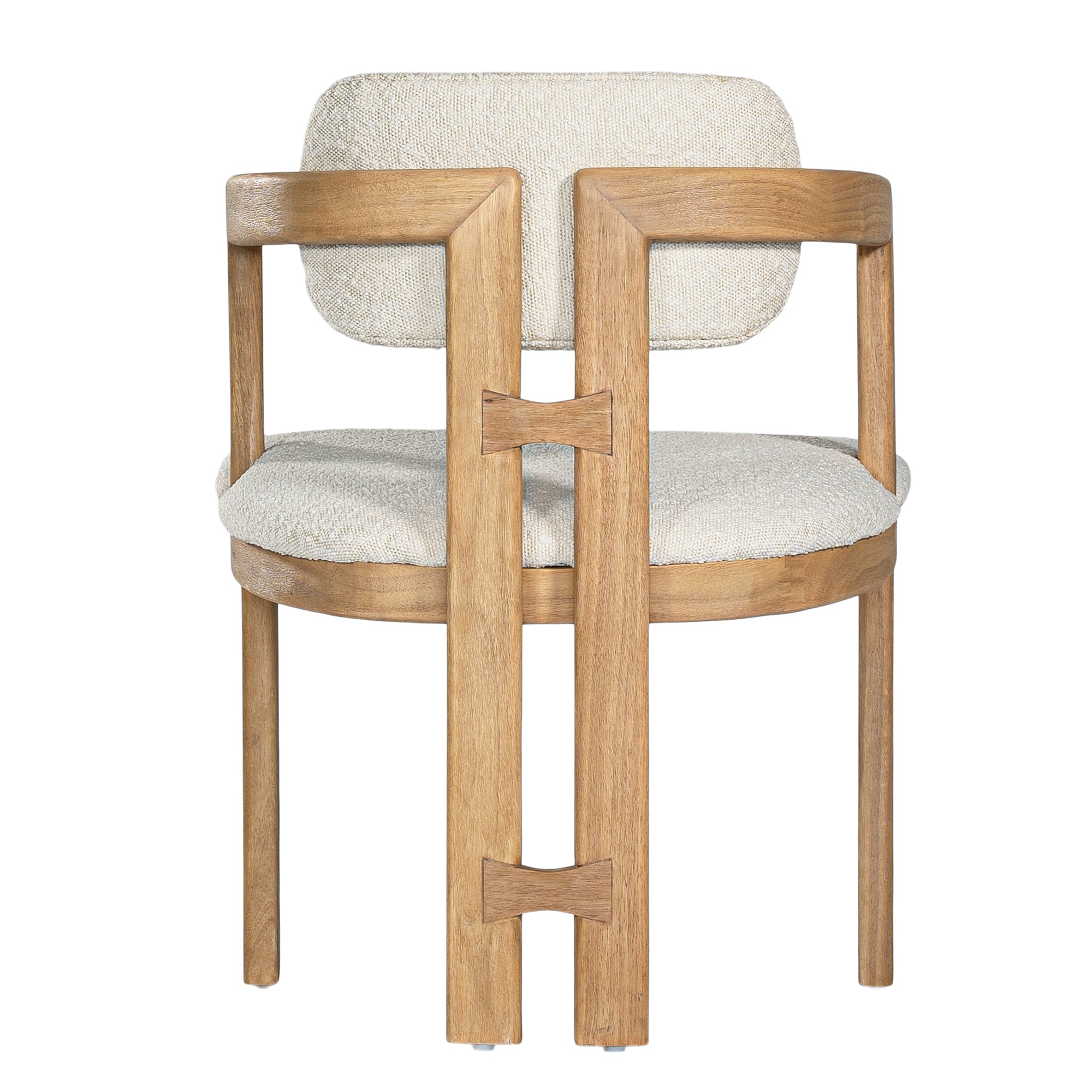 Contemporary wooden dining chair with a natural oak frame and boucle upholstered seat and backrest, designed for modern comfort and style