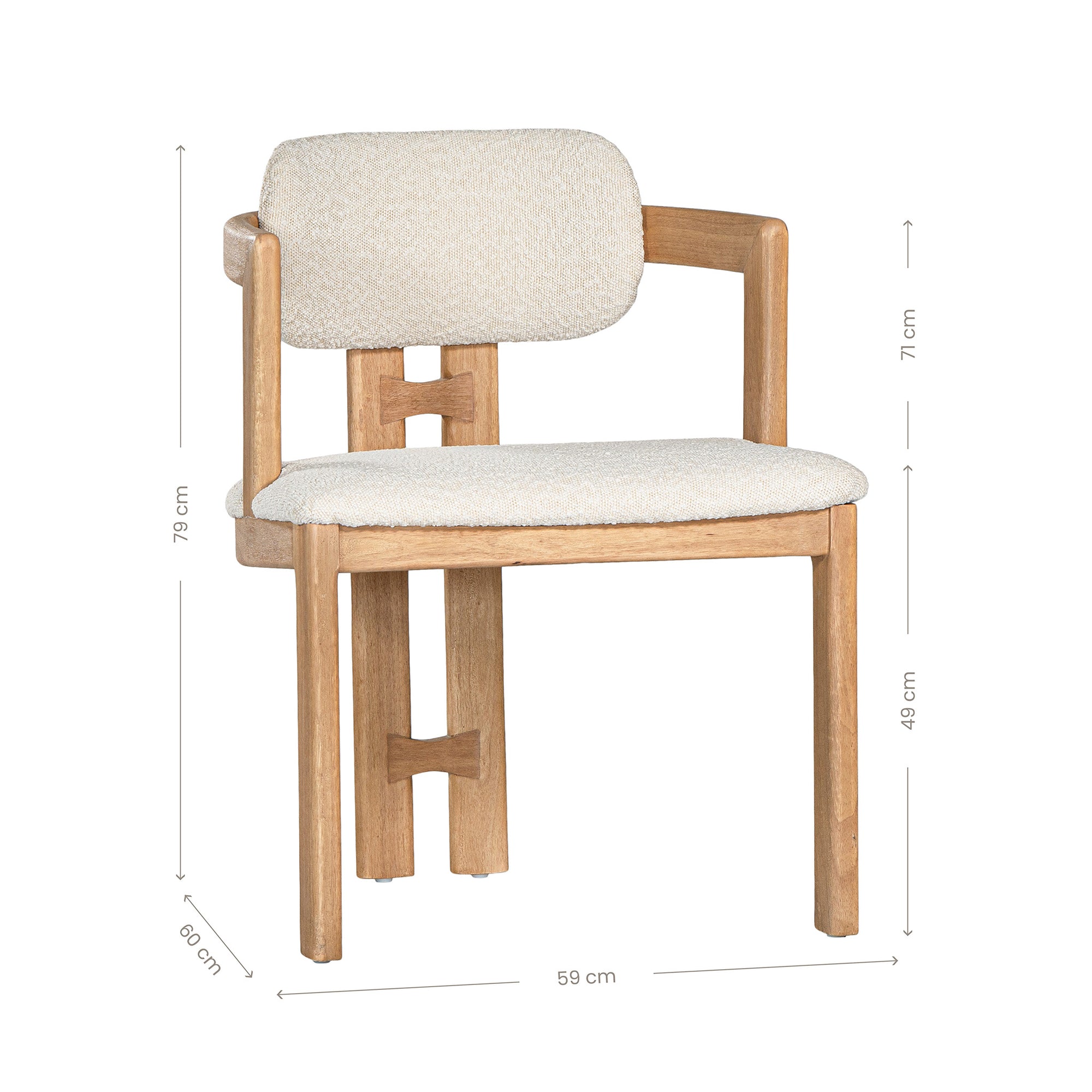 Contemporary wooden dining chair with a natural oak frame and boucle upholstered seat and backrest, designed for modern comfort and style