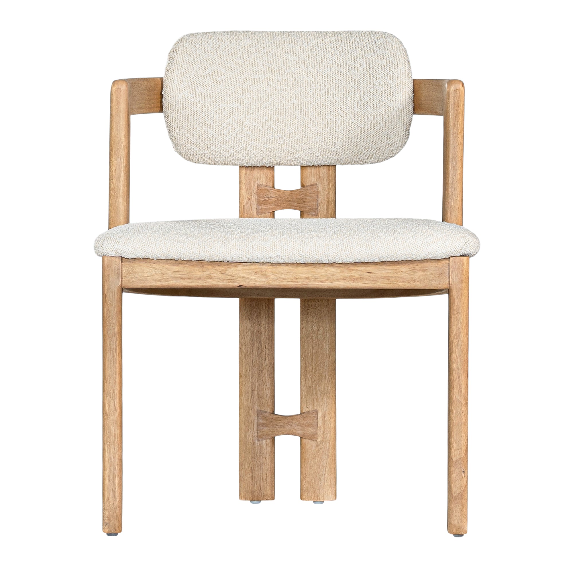 Contemporary wooden dining chair with a natural oak frame and boucle upholstered seat and backrest, designed for modern comfort and style