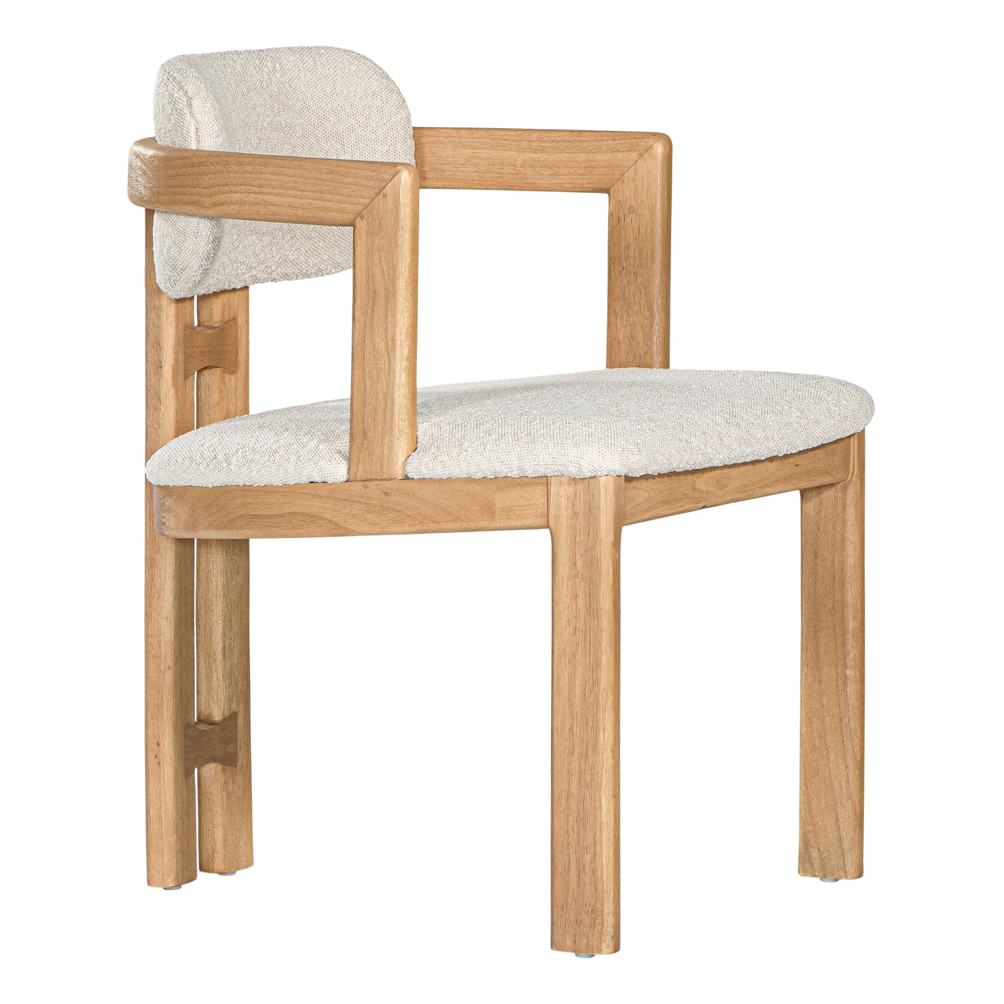 Contemporary wooden dining chair with a natural oak frame and boucle upholstered seat and backrest, designed for modern comfort and style