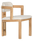 Contemporary wooden dining chair with a natural oak frame and boucle upholstered seat and backrest, designed for modern comfort and style