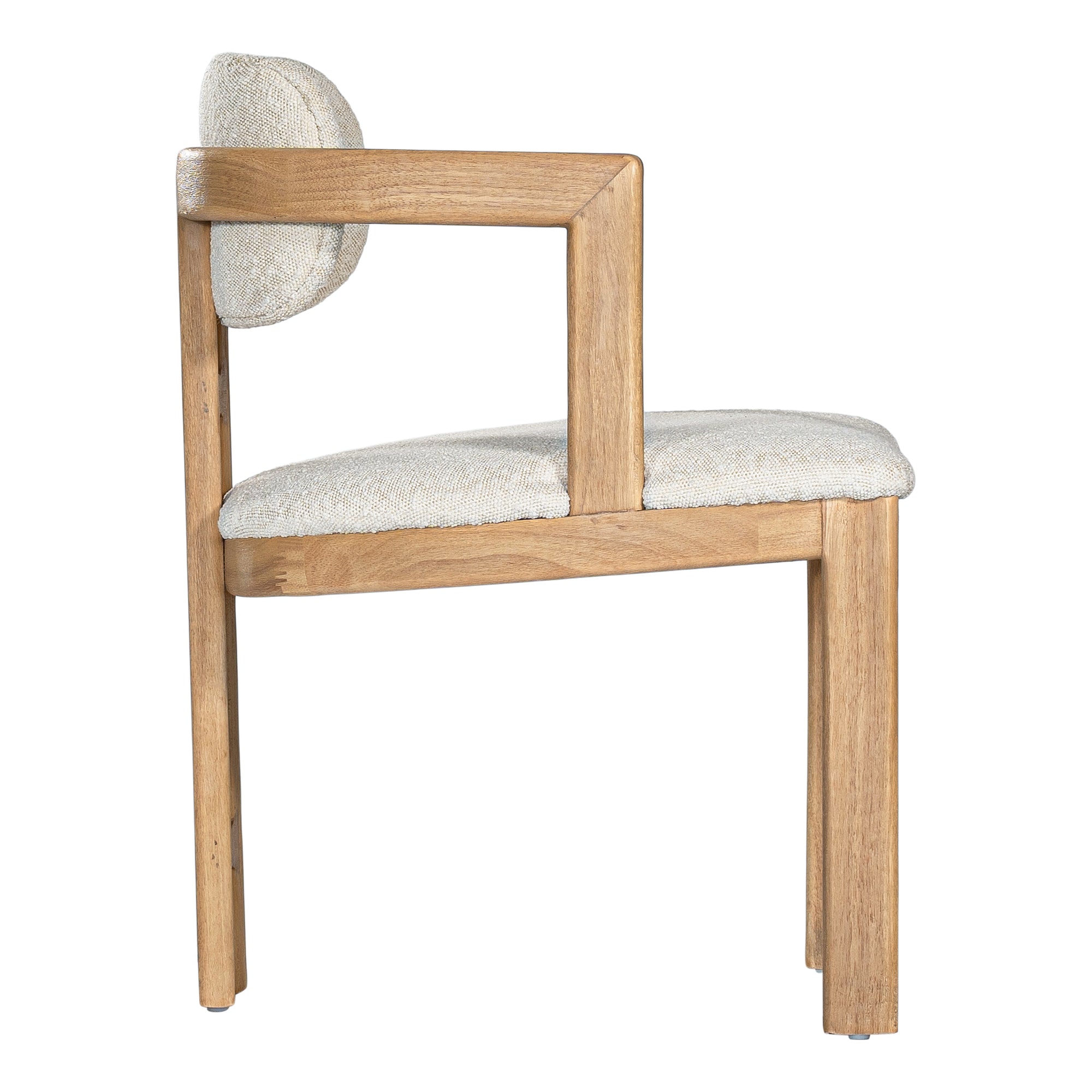 Contemporary wooden dining chair with a natural oak frame and boucle upholstered seat and backrest, designed for modern comfort and style