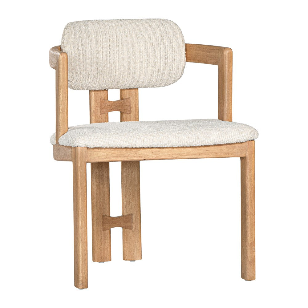 Contemporary wooden dining chair with a natural oak frame and boucle upholstered seat and backrest, designed for modern comfort and style
