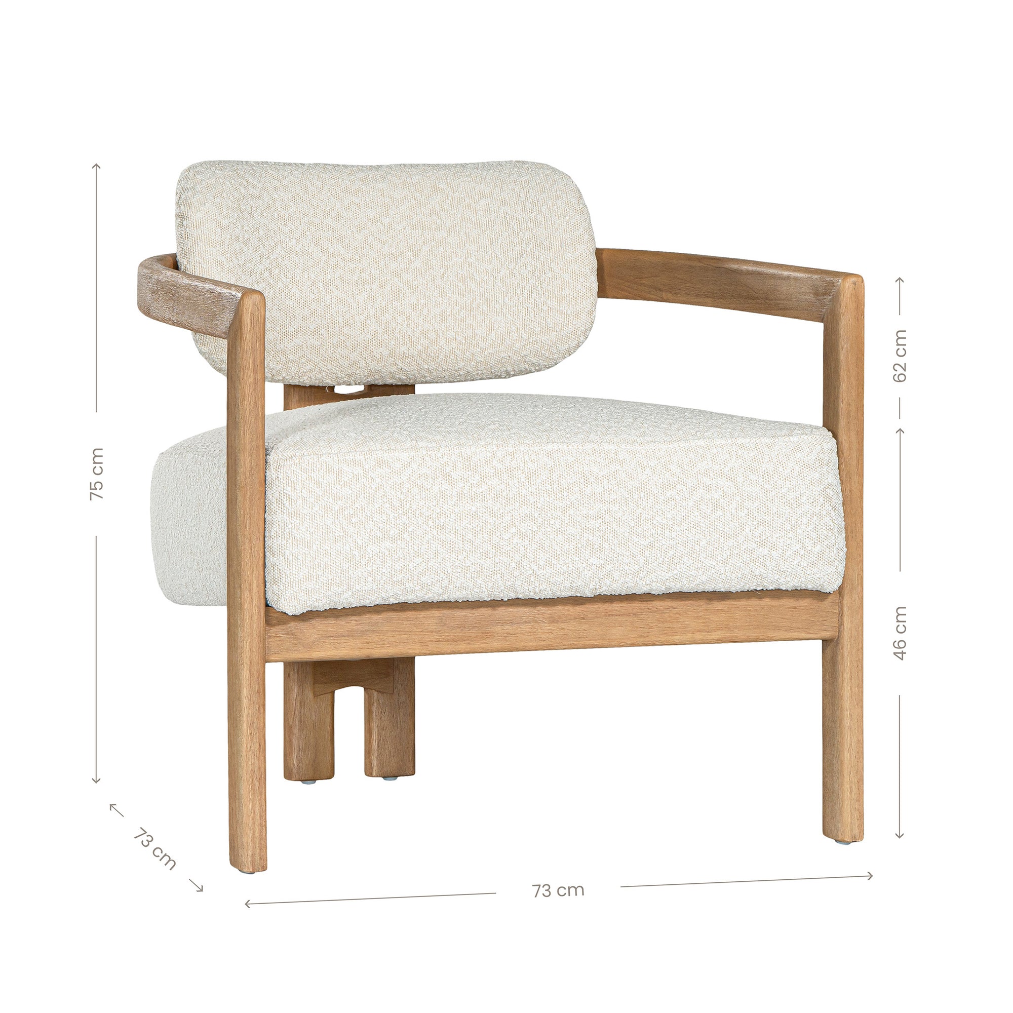 Stylish wooden occasional chair with boucle upholstery, set in a minimalist dining space with a sculptural stone table and an olive tree in a textured planter