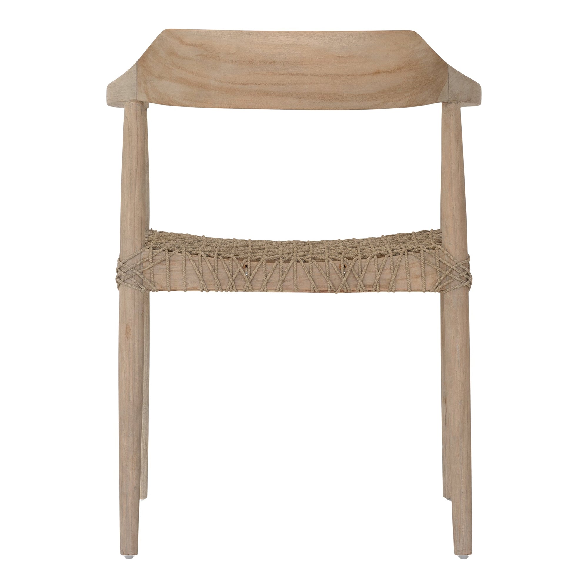 Wooden dining chair with natural rope woven seat and curved backrest, showcasing artisanal craftsmanship and rustic elegance.