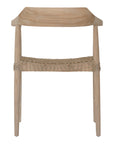 Wooden dining chair with natural rope woven seat and curved backrest, showcasing artisanal craftsmanship and rustic elegance.