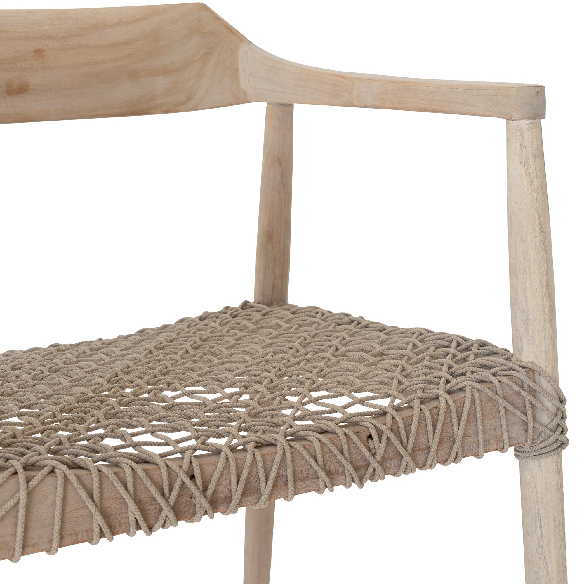 Wooden dining chair with natural rope woven seat and curved backrest, showcasing artisanal craftsmanship and rustic elegance.