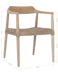 Wooden dining chair with natural rope woven seat and curved backrest, showcasing artisanal craftsmanship and rustic elegance.