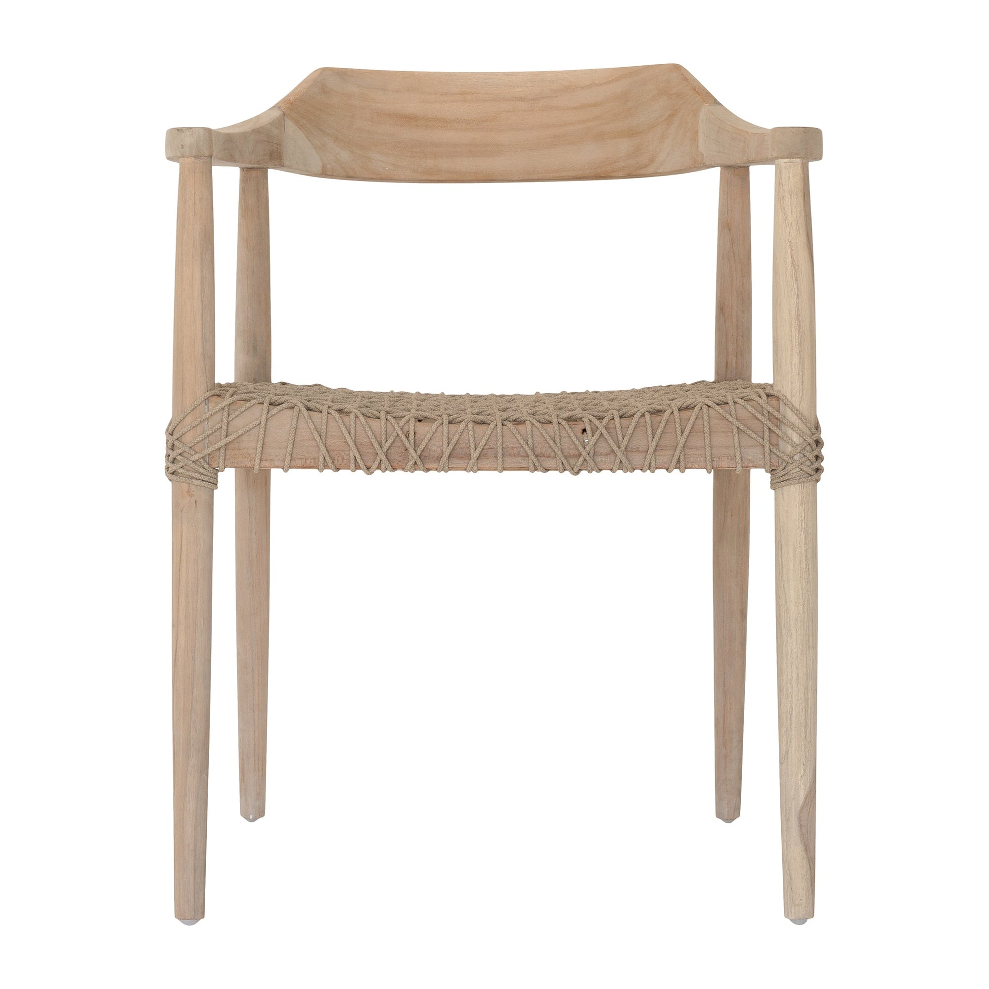 Wooden dining chair with natural rope woven seat and curved backrest, showcasing artisanal craftsmanship and rustic elegance.