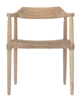Wooden dining chair with natural rope woven seat and curved backrest, showcasing artisanal craftsmanship and rustic elegance.