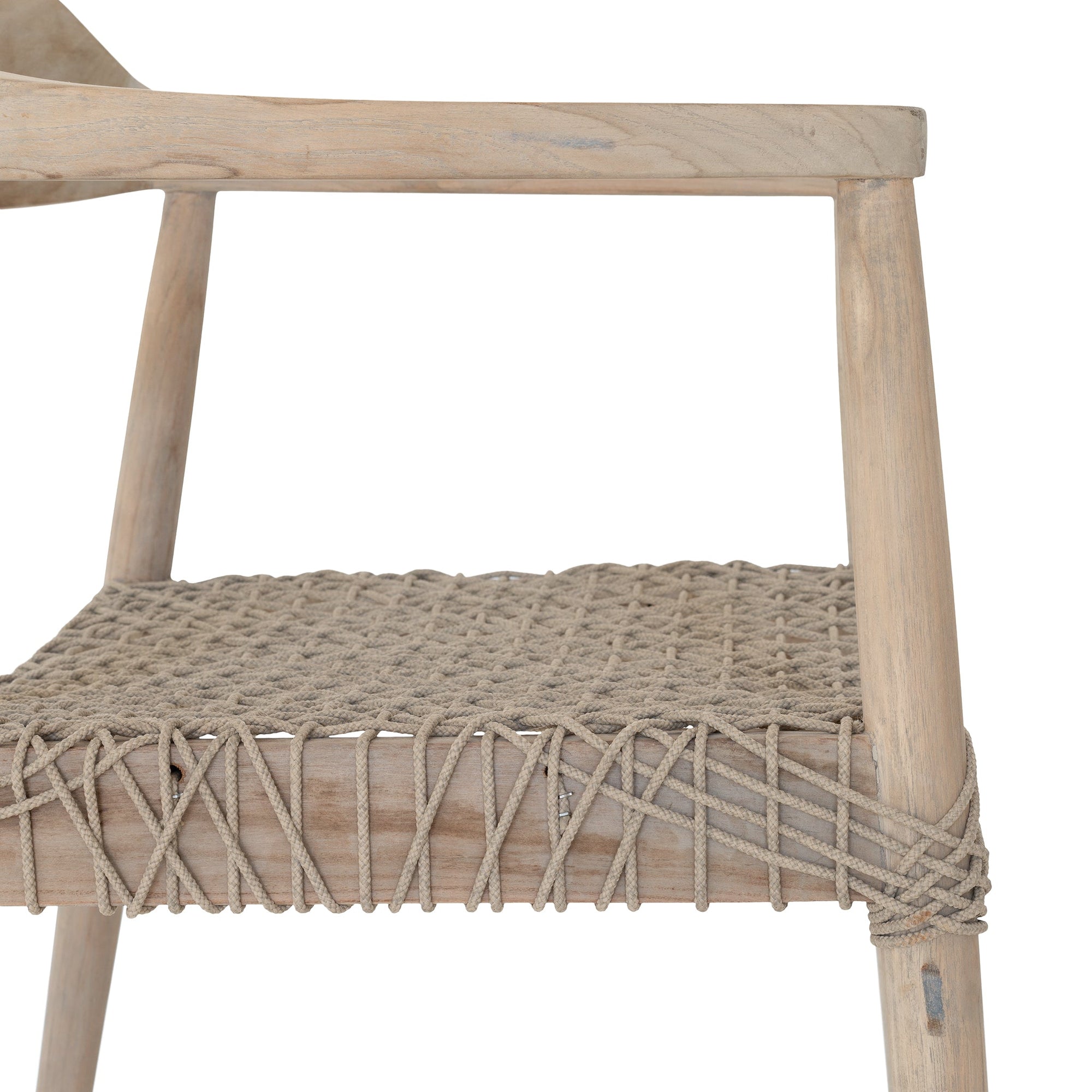 Wooden dining chair with natural rope woven seat and curved backrest, showcasing artisanal craftsmanship and rustic elegance.