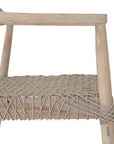 Wooden dining chair with natural rope woven seat and curved backrest, showcasing artisanal craftsmanship and rustic elegance.