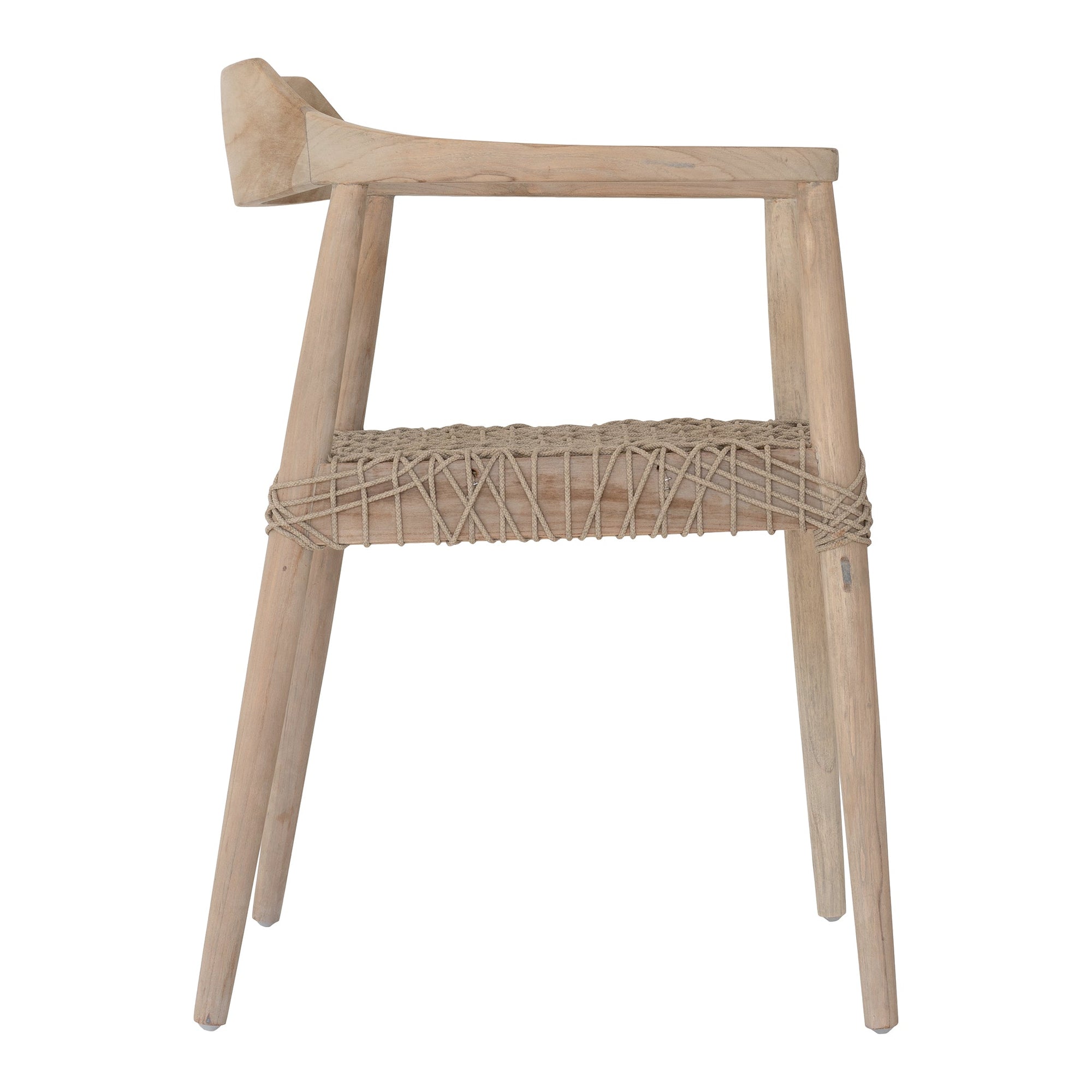 Wooden dining chair with natural rope woven seat and curved backrest, showcasing artisanal craftsmanship and rustic elegance.