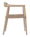 Wooden dining chair with natural rope woven seat and curved backrest, showcasing artisanal craftsmanship and rustic elegance.