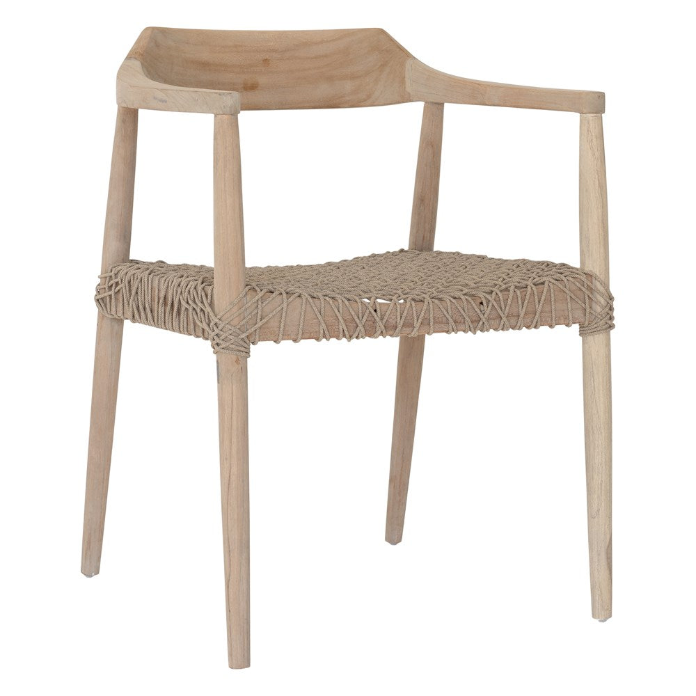 Wooden dining chair with natural rope woven seat and curved backrest, showcasing artisanal craftsmanship and rustic elegance.